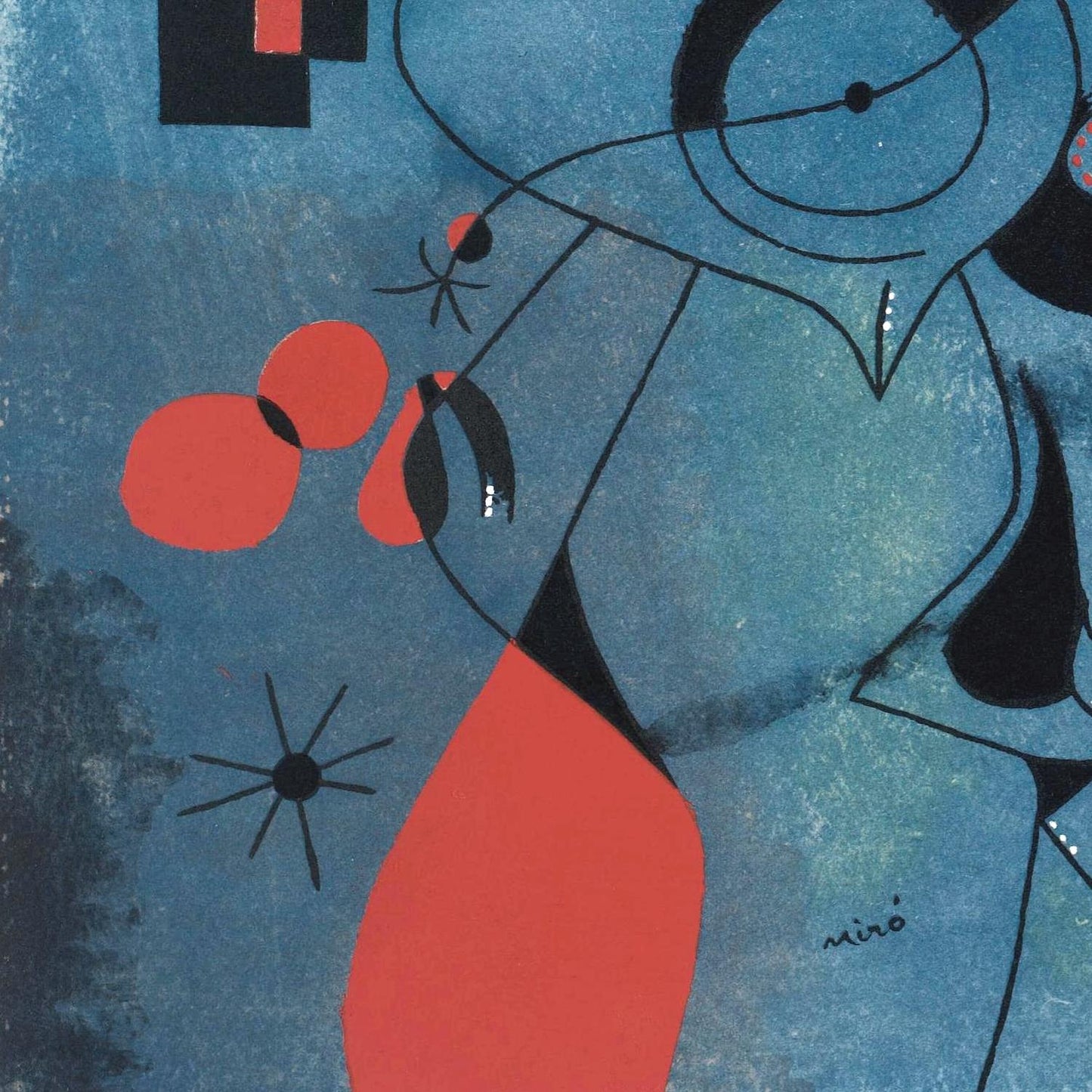 Abstract artwork with geometric shapes and bold colors on a blue background