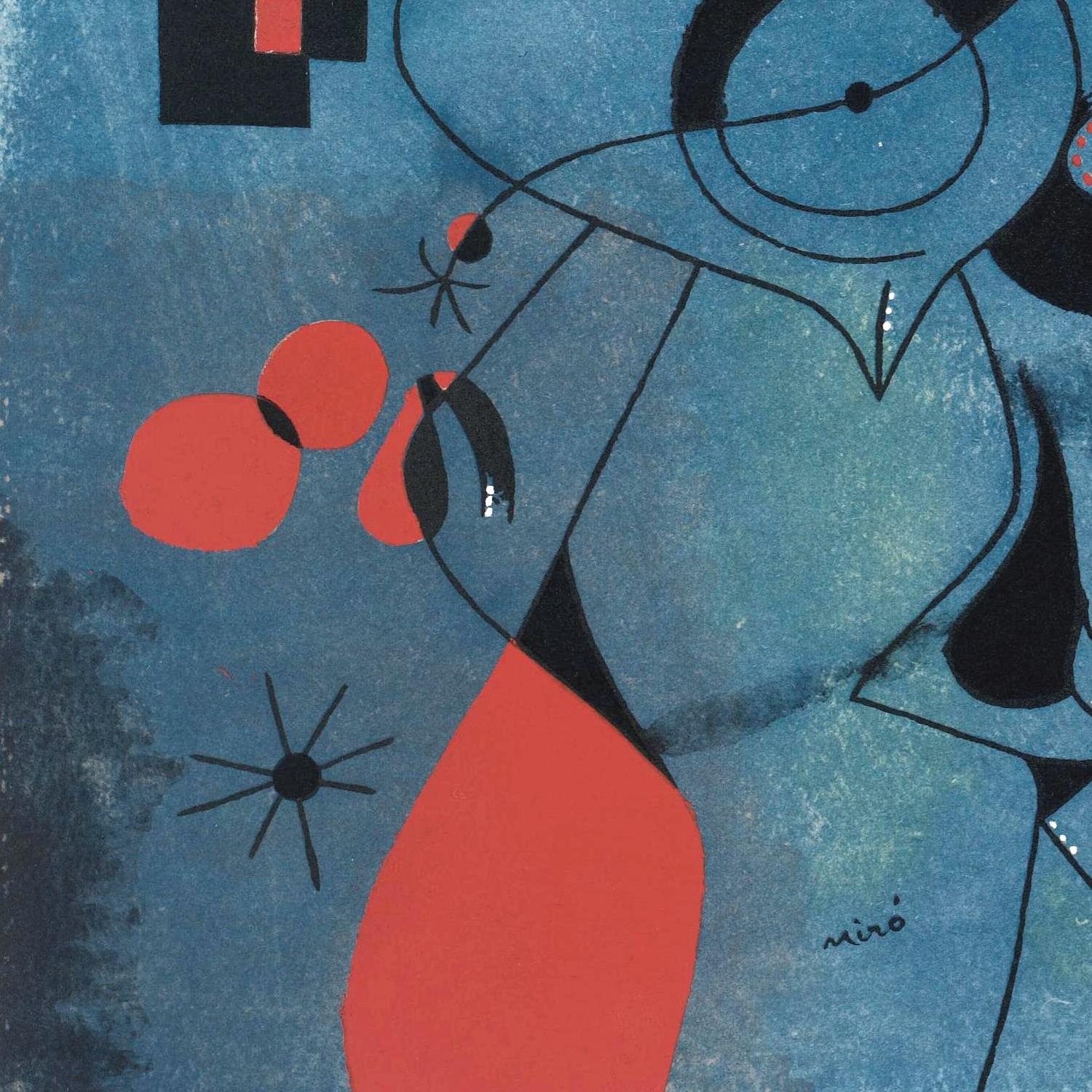 Abstract artwork with geometric shapes and bold colors on a blue background