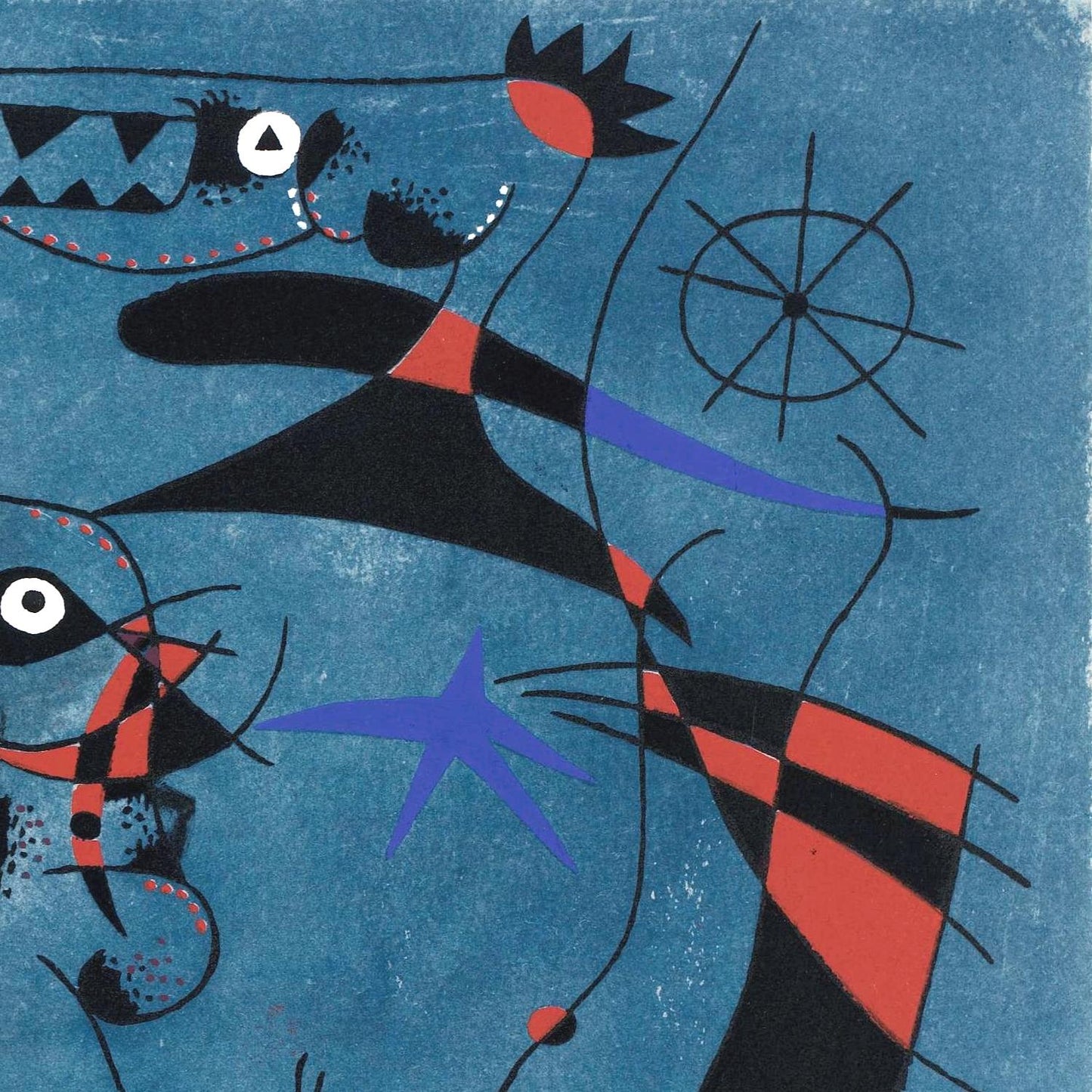 Abstract artwork with geometric shapes and bold colors on a blue background