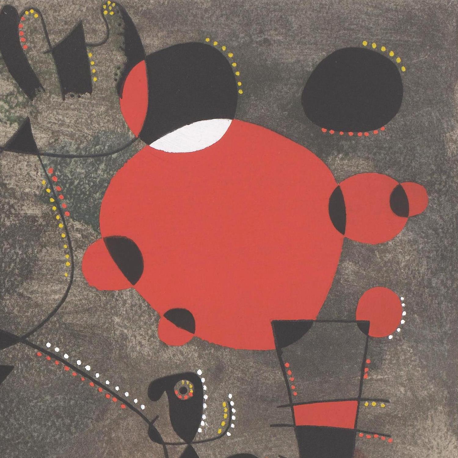 Abstract art piece with a red and black figure on a gray background