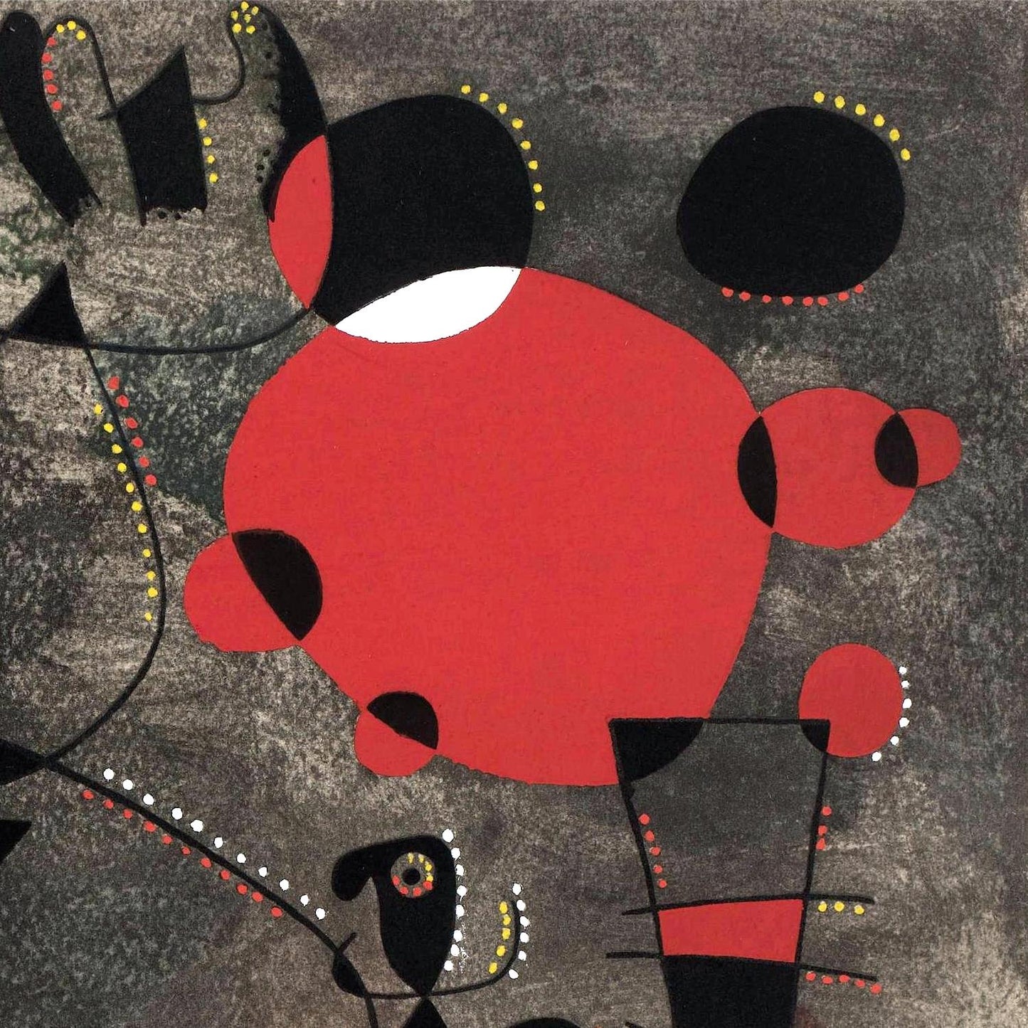 Abstract art piece with a red circle and black shapes on a gray background
