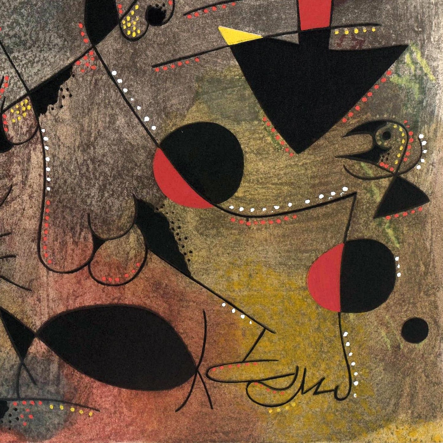 Abstract artwork with geometric shapes and bold colors, featuring a signature at the bottom.