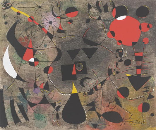 Abstract artwork with geometric shapes and bold colors on a textured background