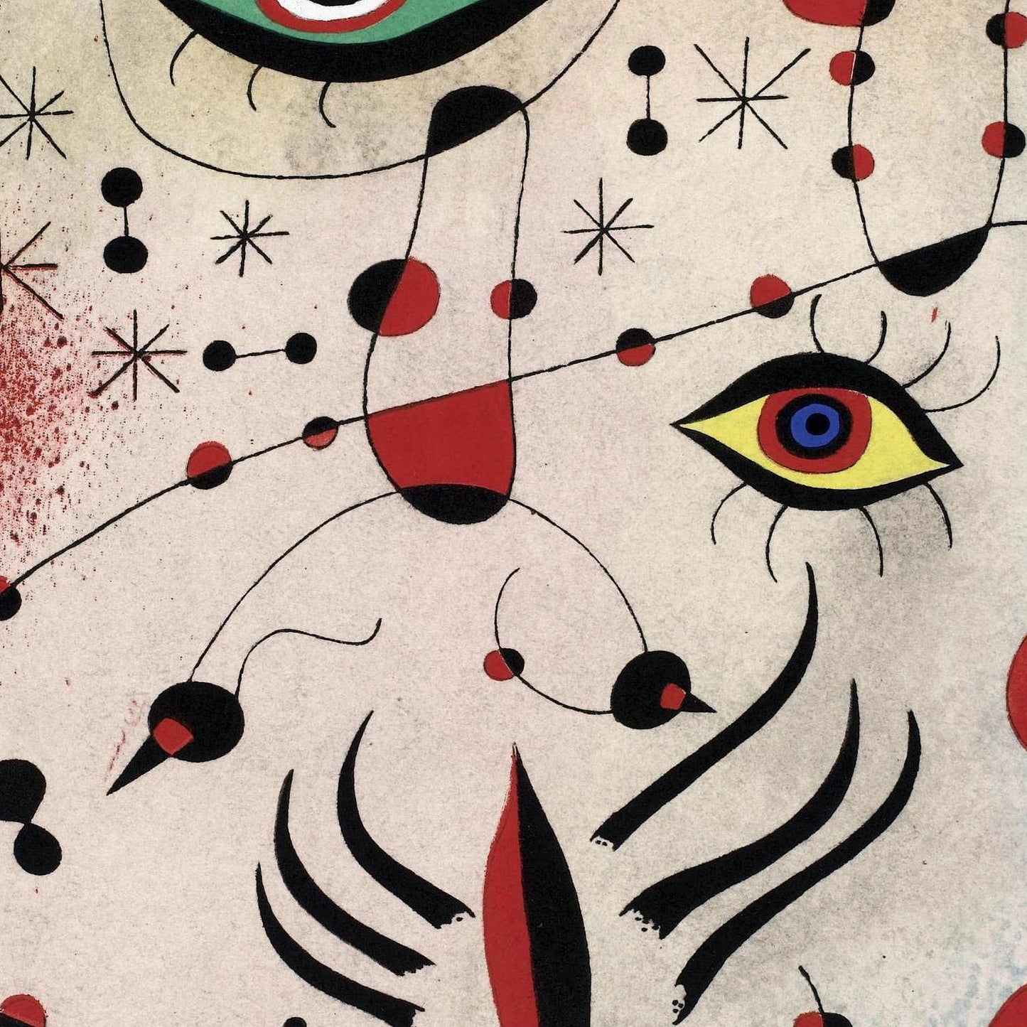 Abstract artwork with geometric shapes and eyes on a beige background