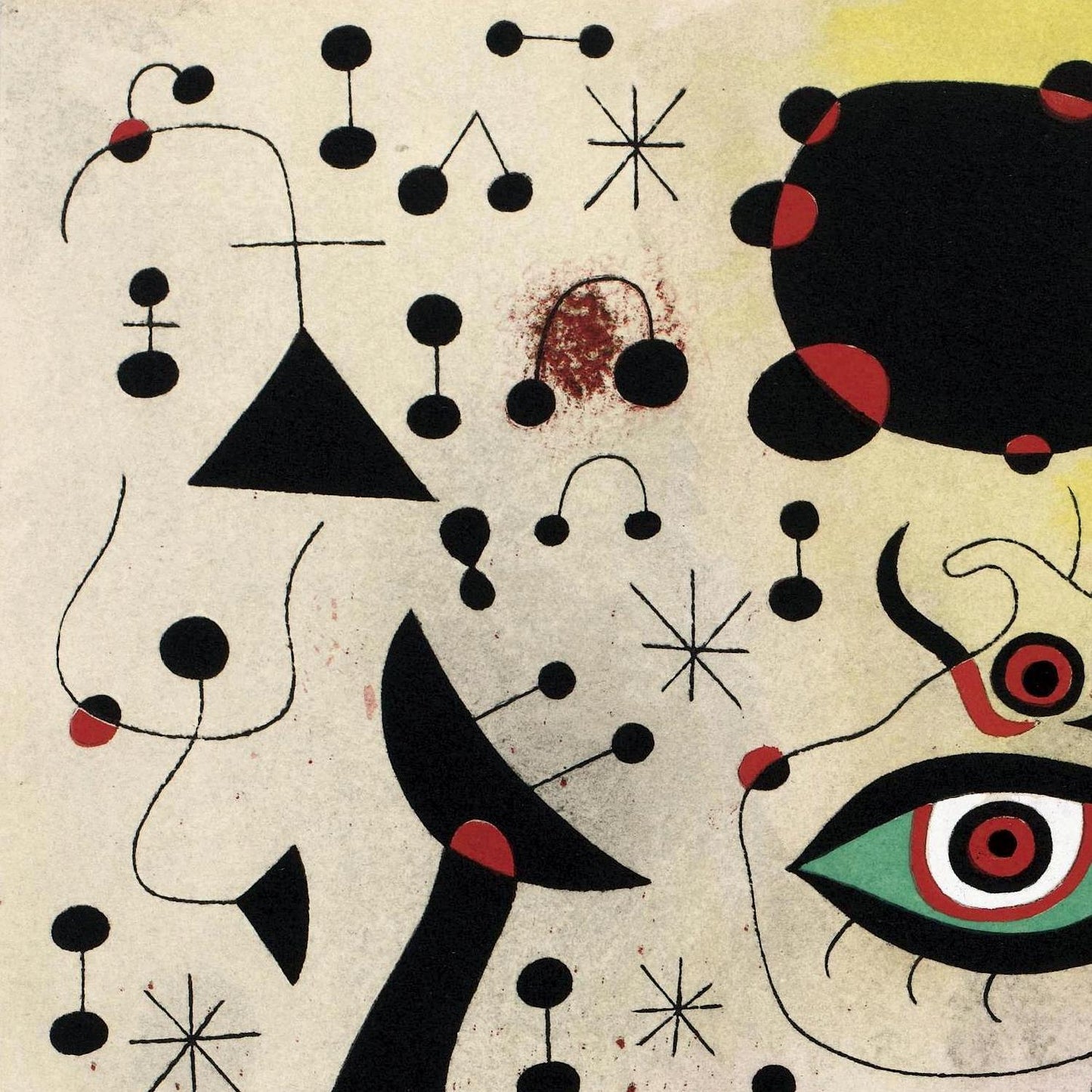 Abstract artwork with geometric shapes and a stylized face on a beige background