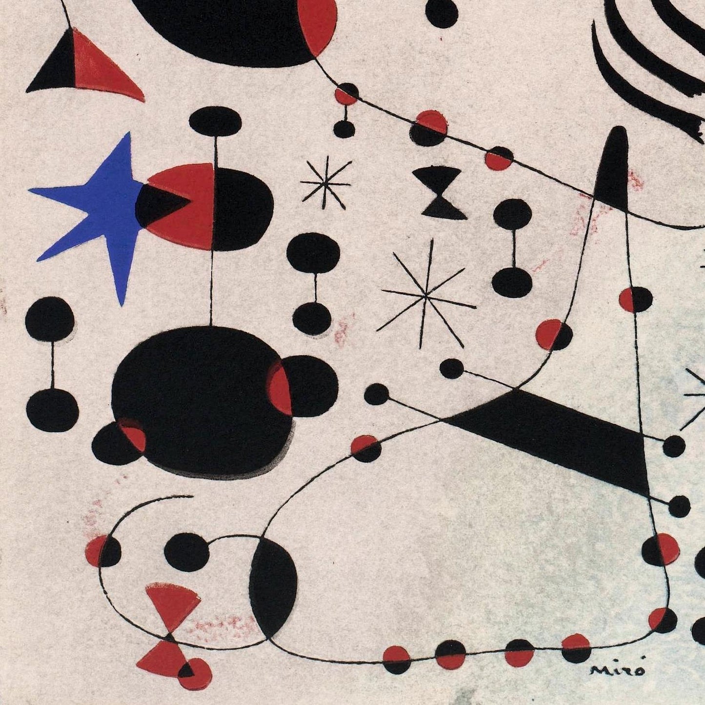 Abstract artwork with geometric shapes in black, red, and blue on a beige background