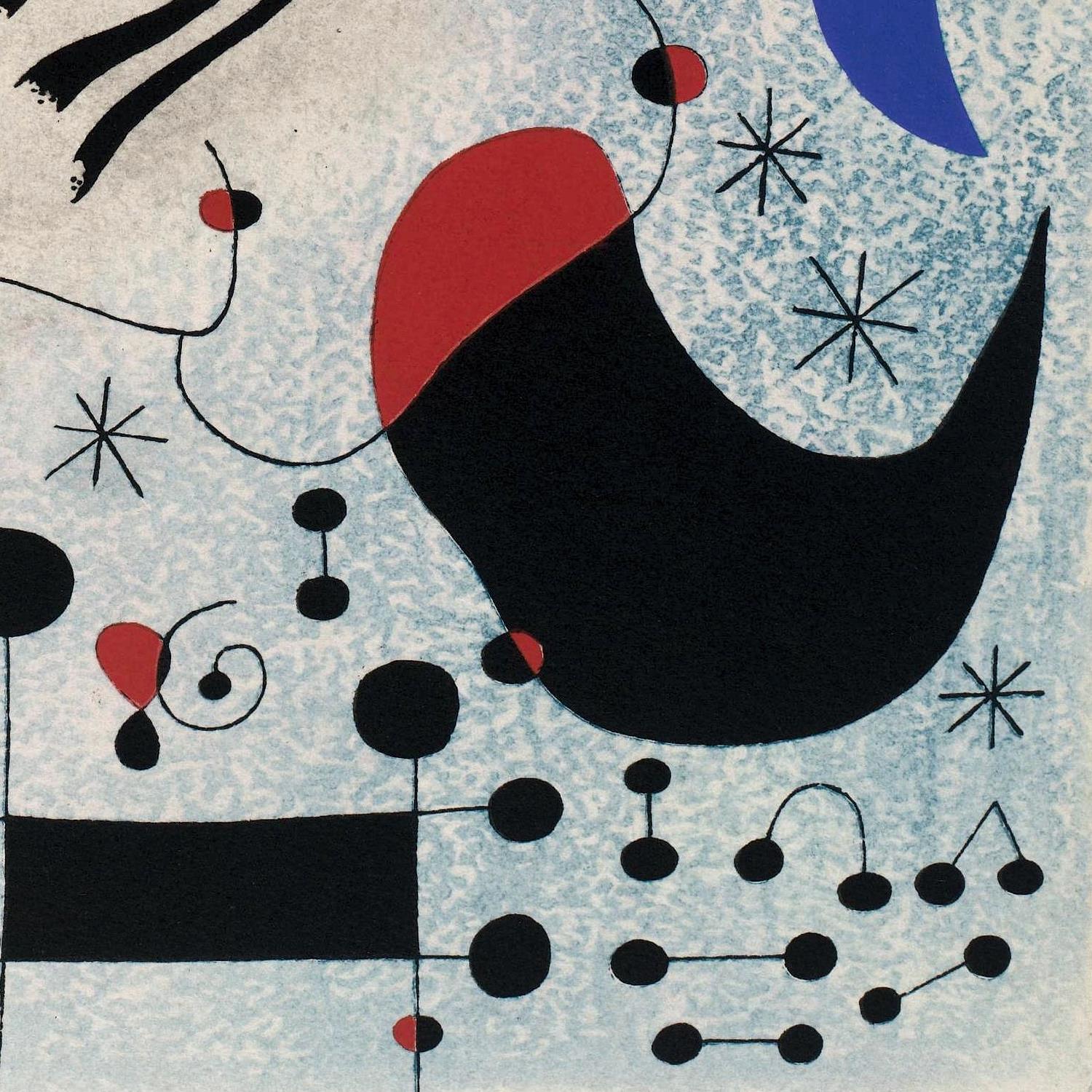 Abstract art with black, red, and blue shapes on a light blue background