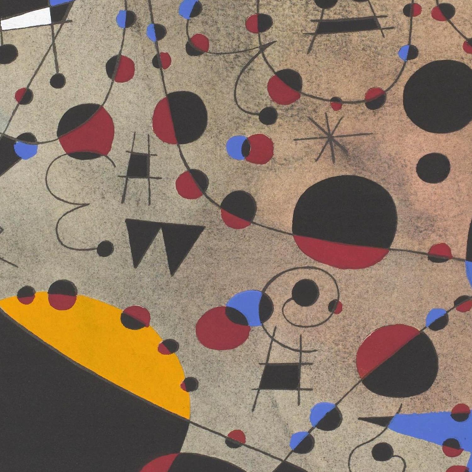 Abstract artwork with geometric shapes and colors on a textured background