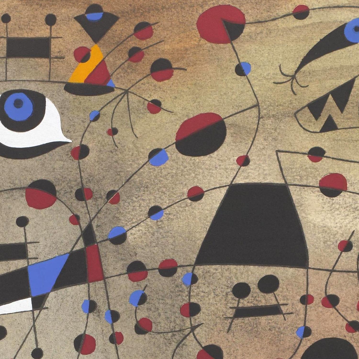 Abstract artwork with geometric shapes and colors on a beige background