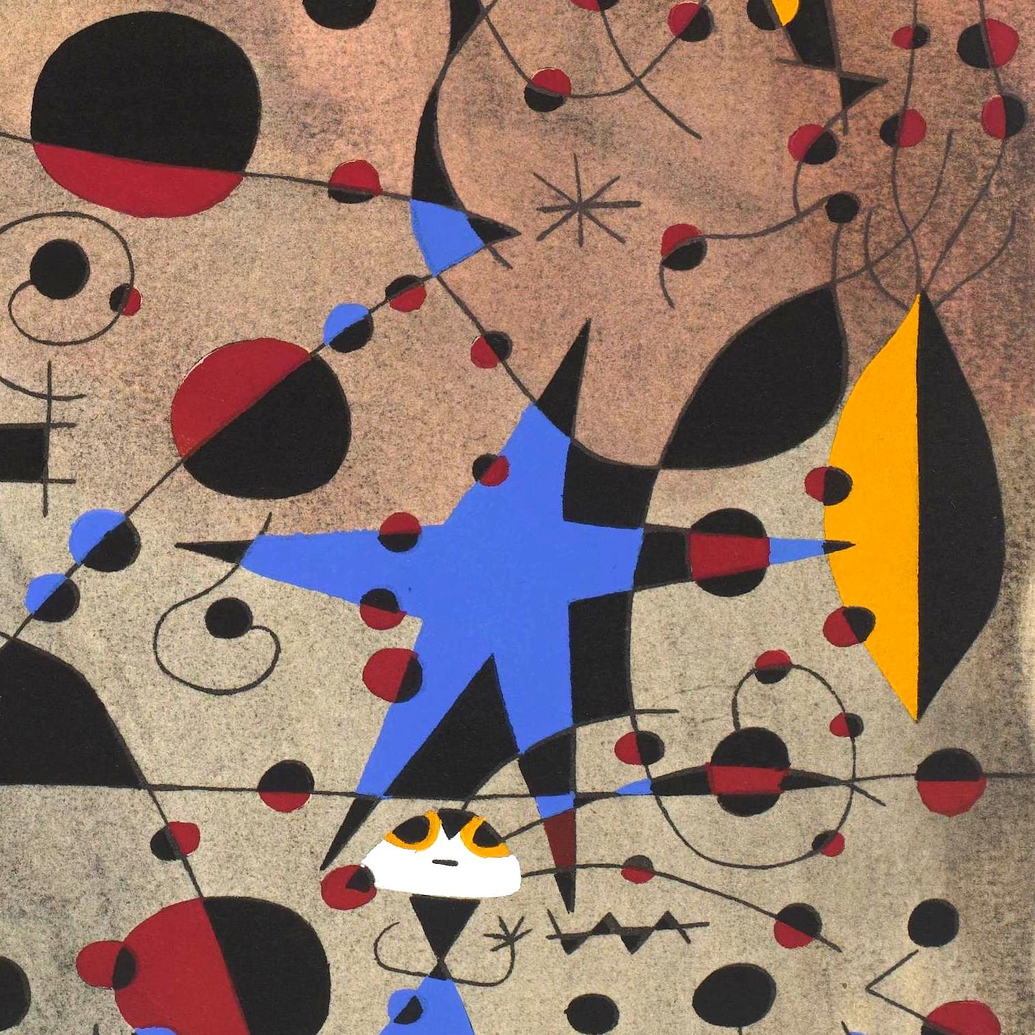 Abstract artwork with geometric shapes and colors on a beige background