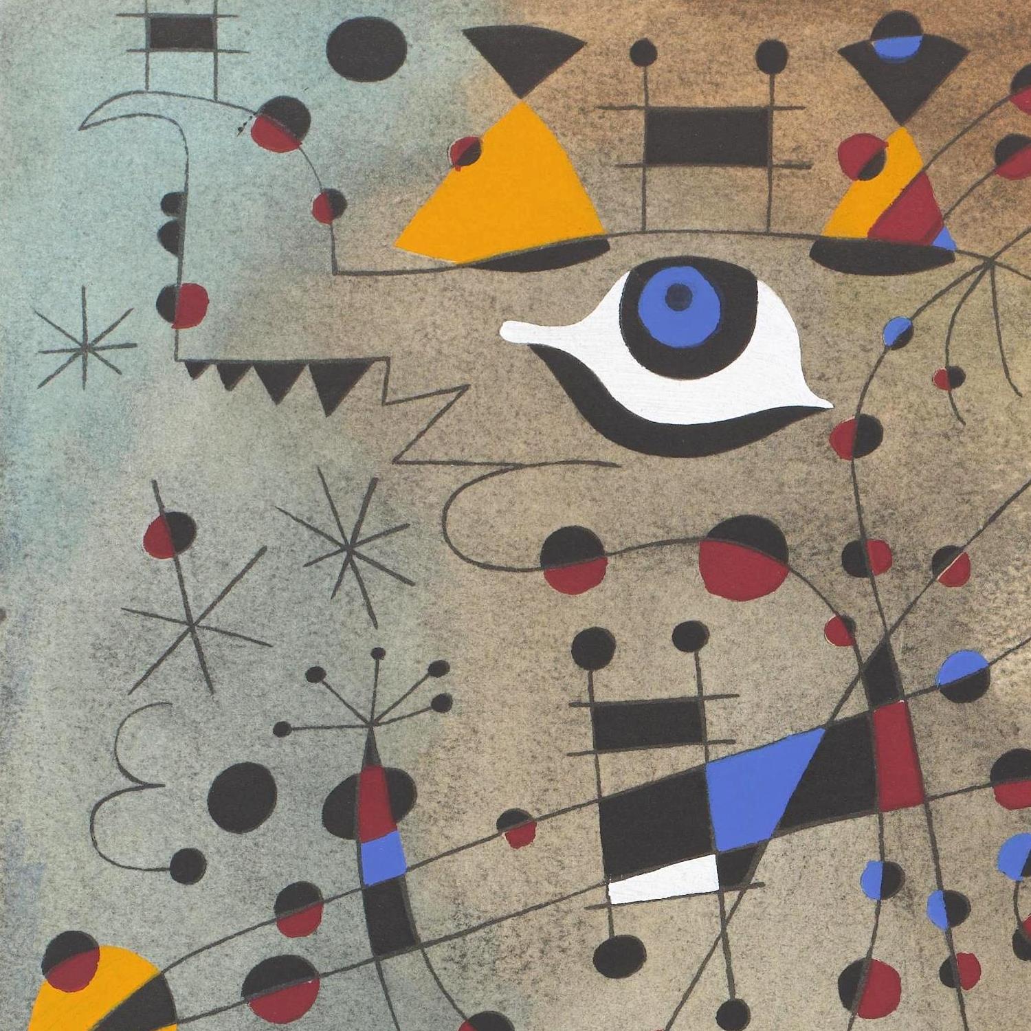 Abstract artwork with geometric shapes and patterns on a textured background