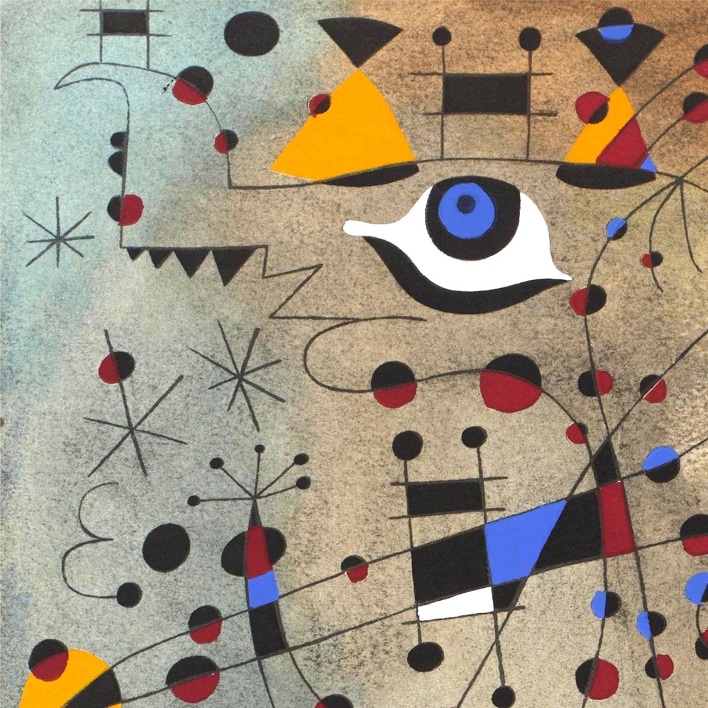 Abstract artwork with geometric shapes and patterns on a textured background