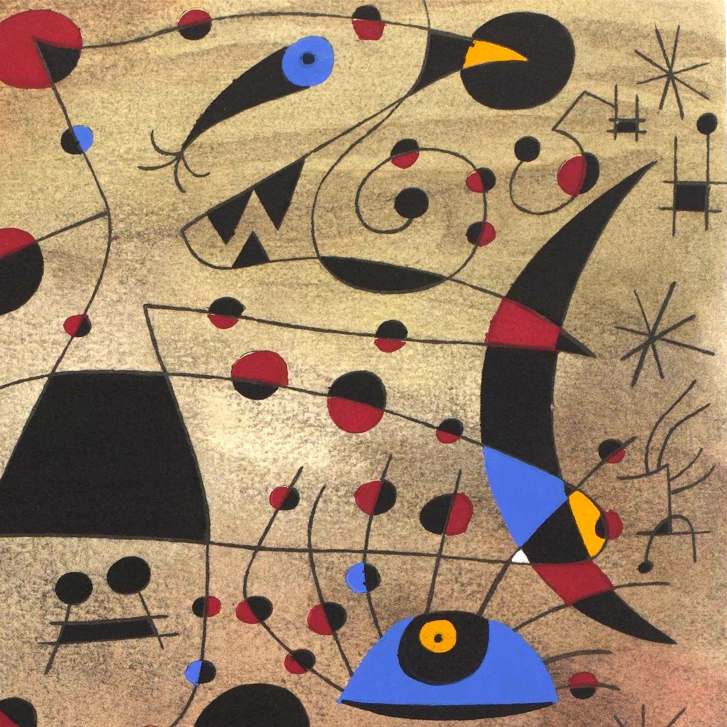 Abstract artwork with geometric shapes and colors on a beige background