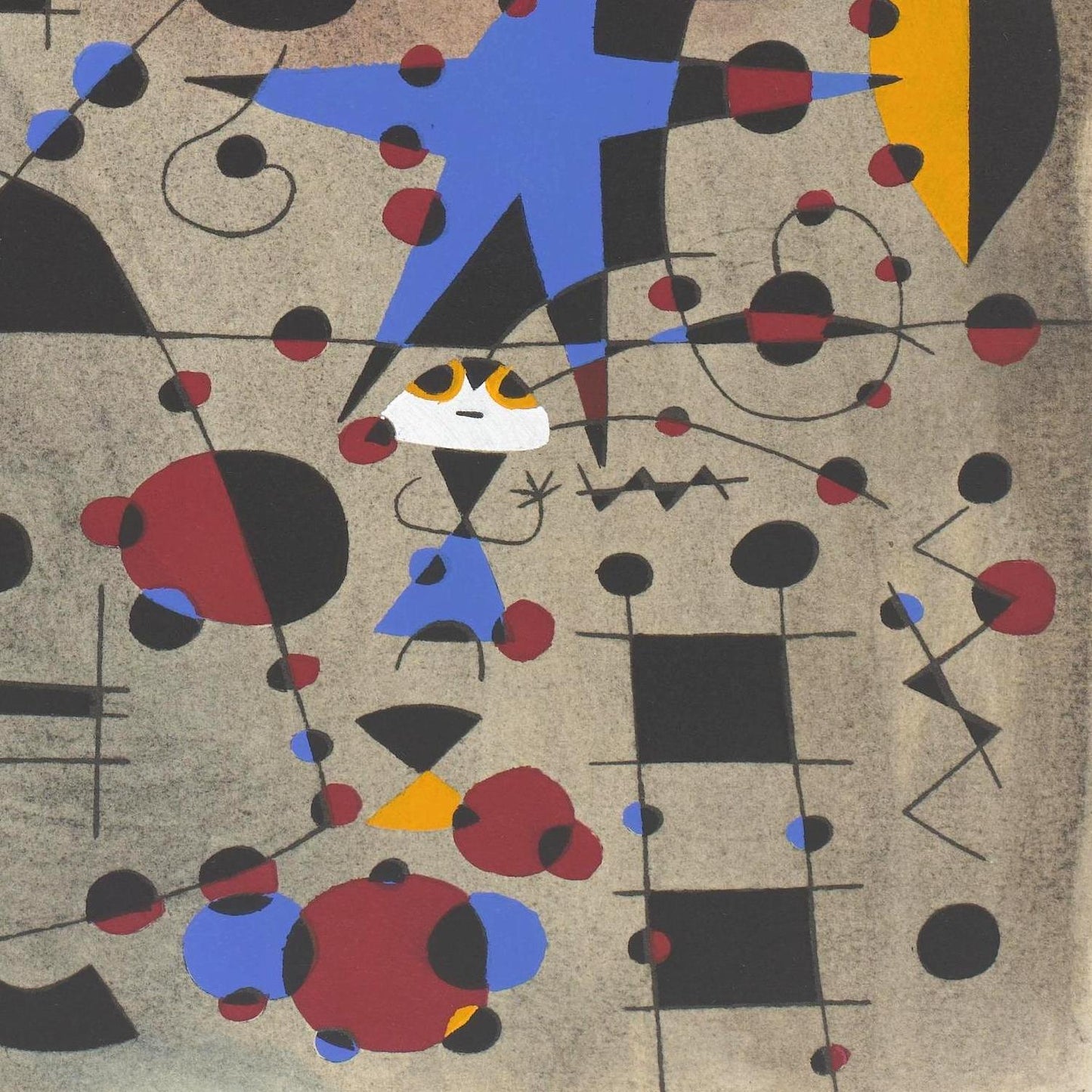 Abstract artwork with geometric shapes and bold colors on a textured background