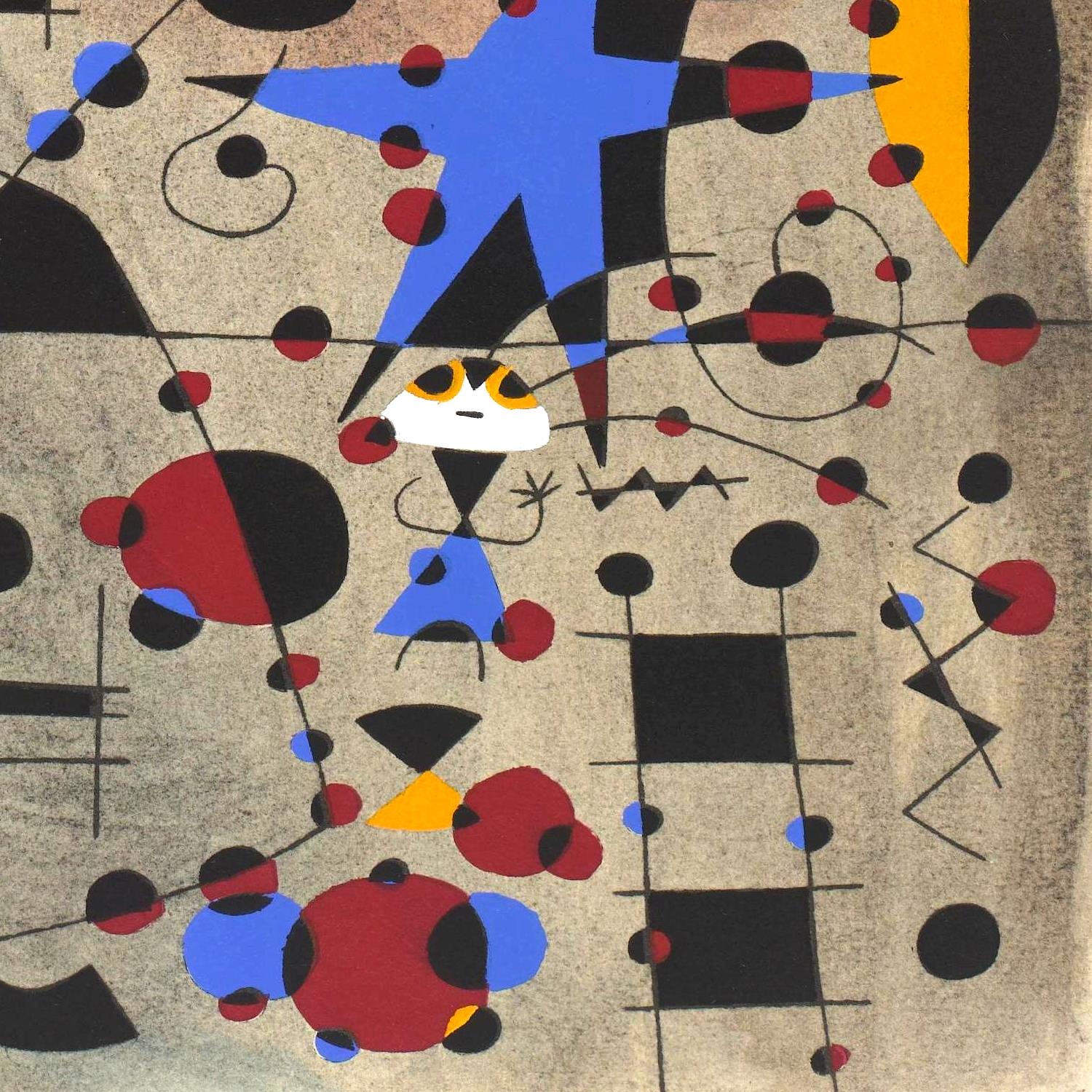 Abstract artwork with geometric shapes and bold colors on a textured background