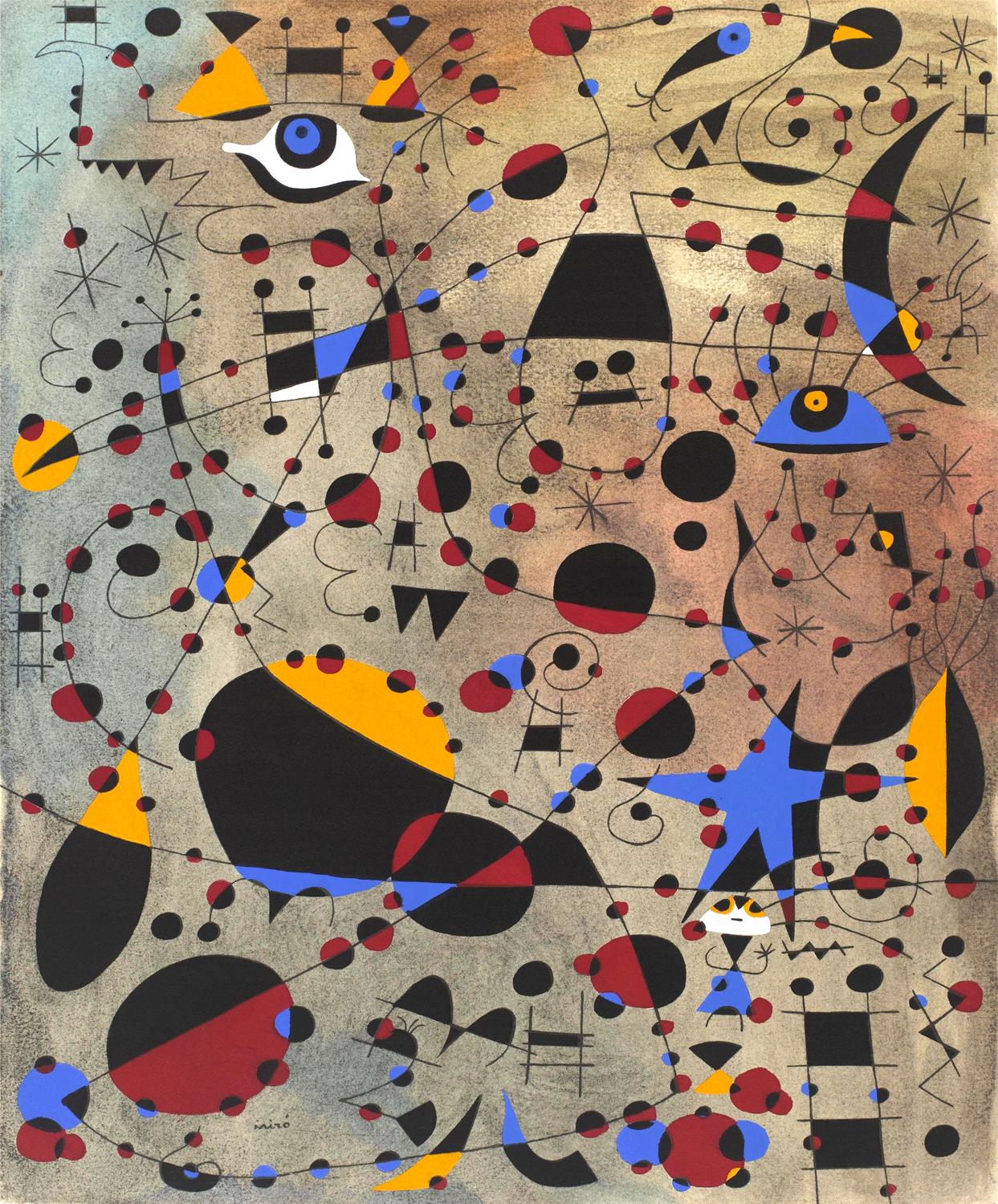 Abstract artwork with geometric shapes and bold colors on a beige background
