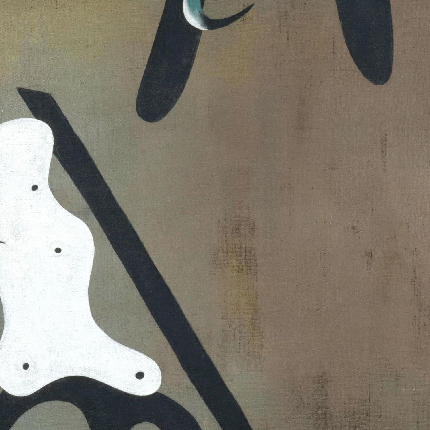 Abstract design with black, white, and gray shapes on a textured beige background