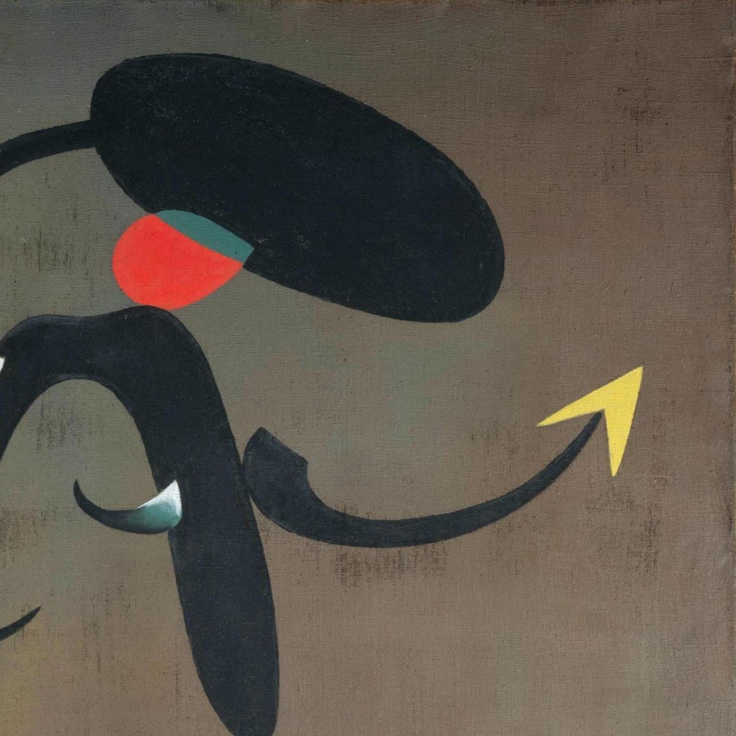 Abstract artwork with black shapes, red and green circles, and a yellow arrow on a brown background