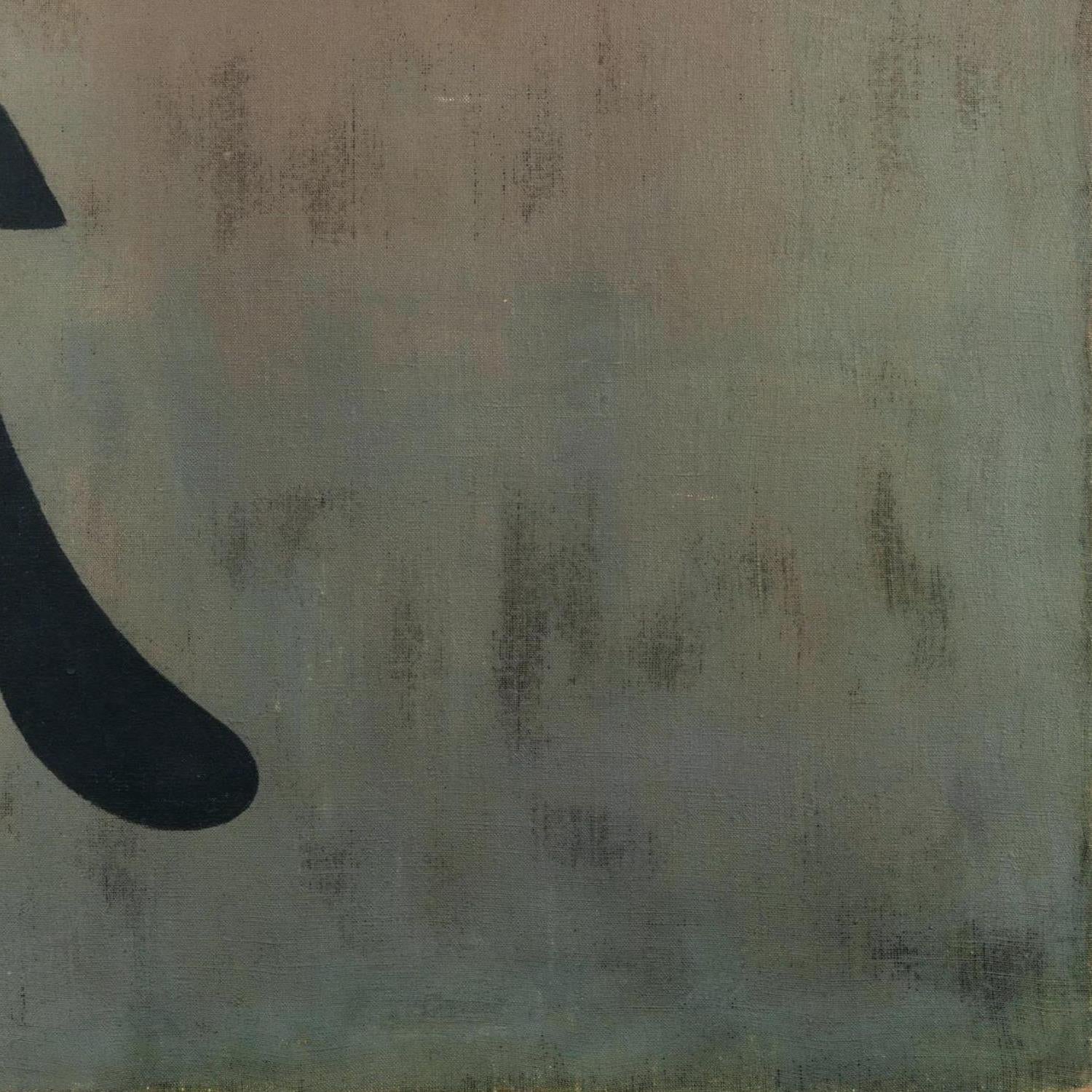 Abstract art with textured surface and black shape on a beige background