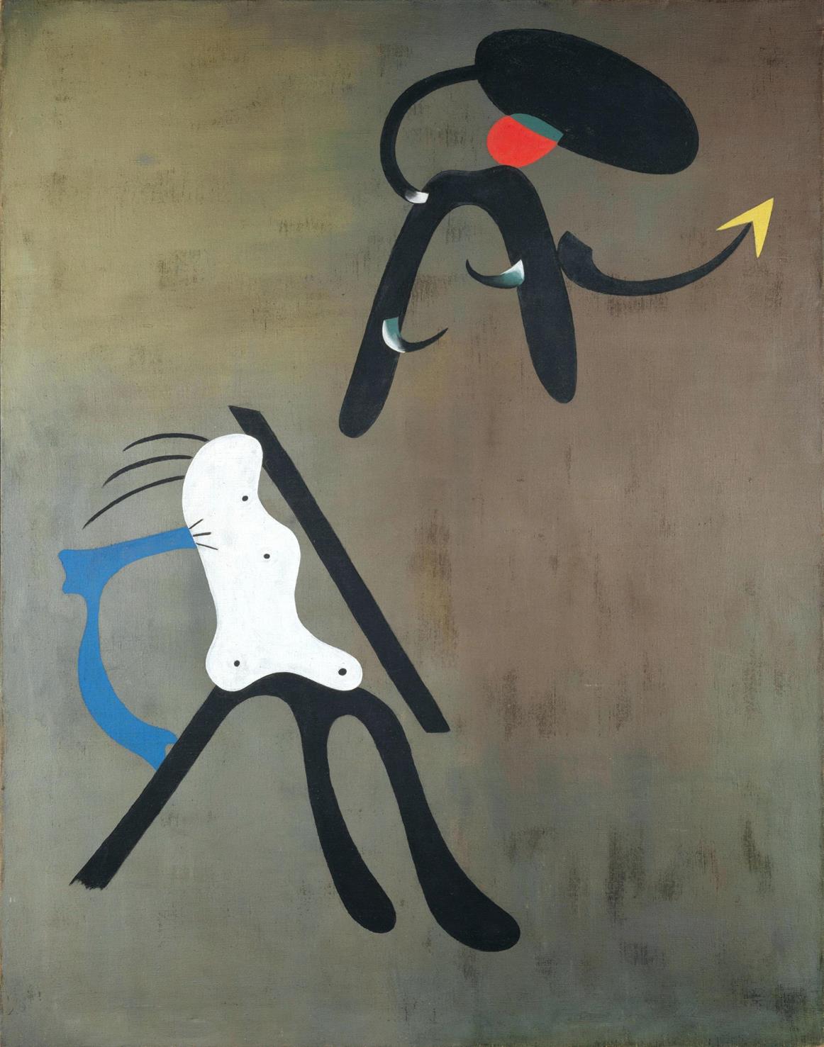 Abstract artwork with black, white, and blue figures on a beige background