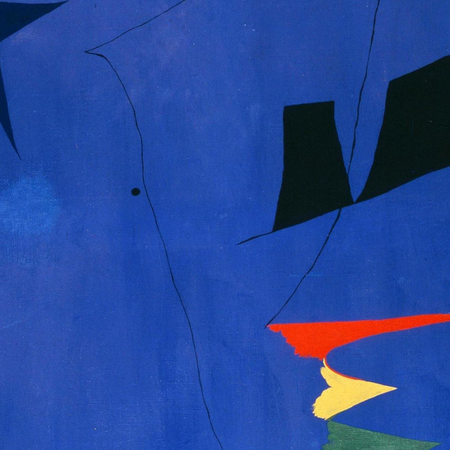 Abstract art with black, red, yellow, and green shapes on a blue background