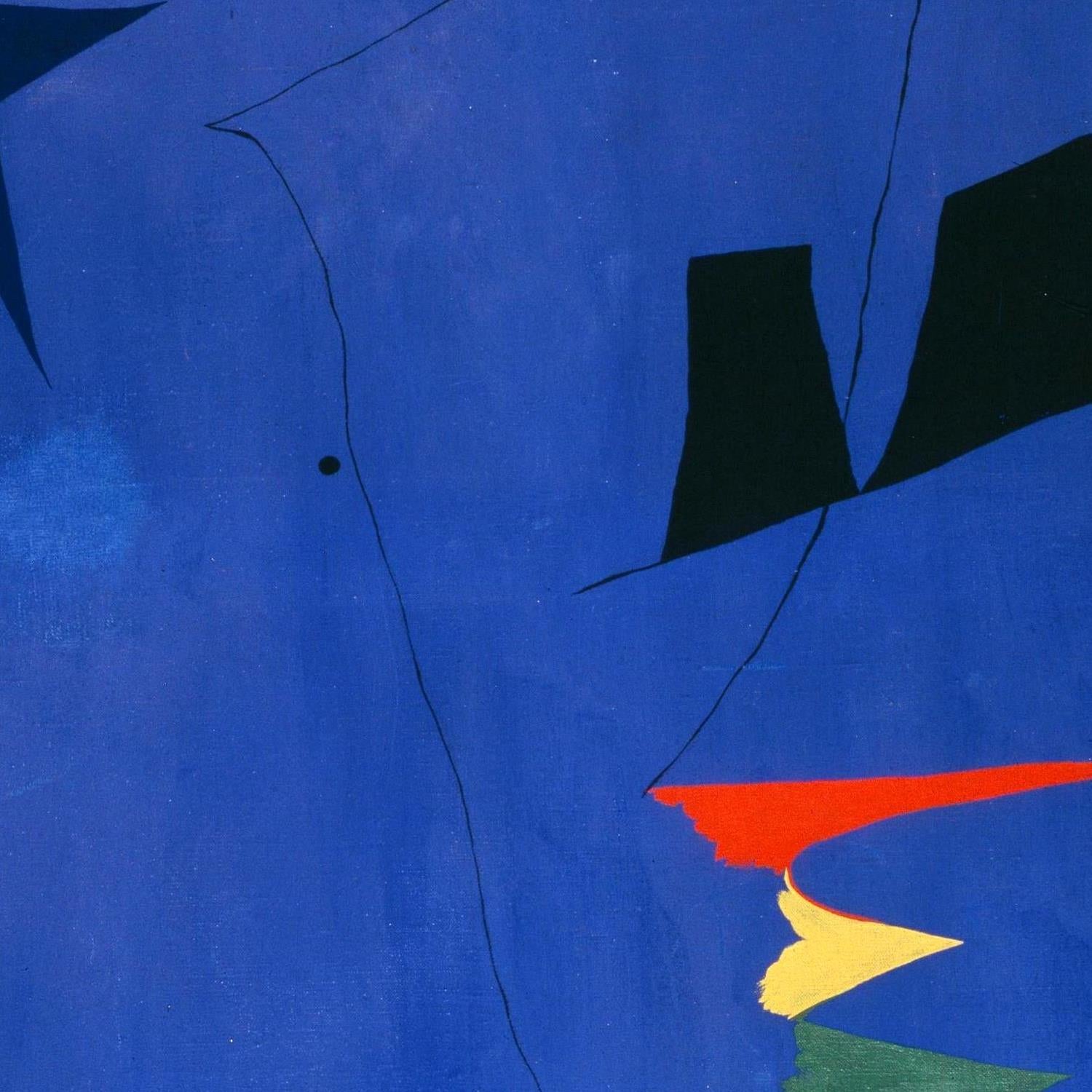 Abstract art with black, red, yellow, and green shapes on a blue background