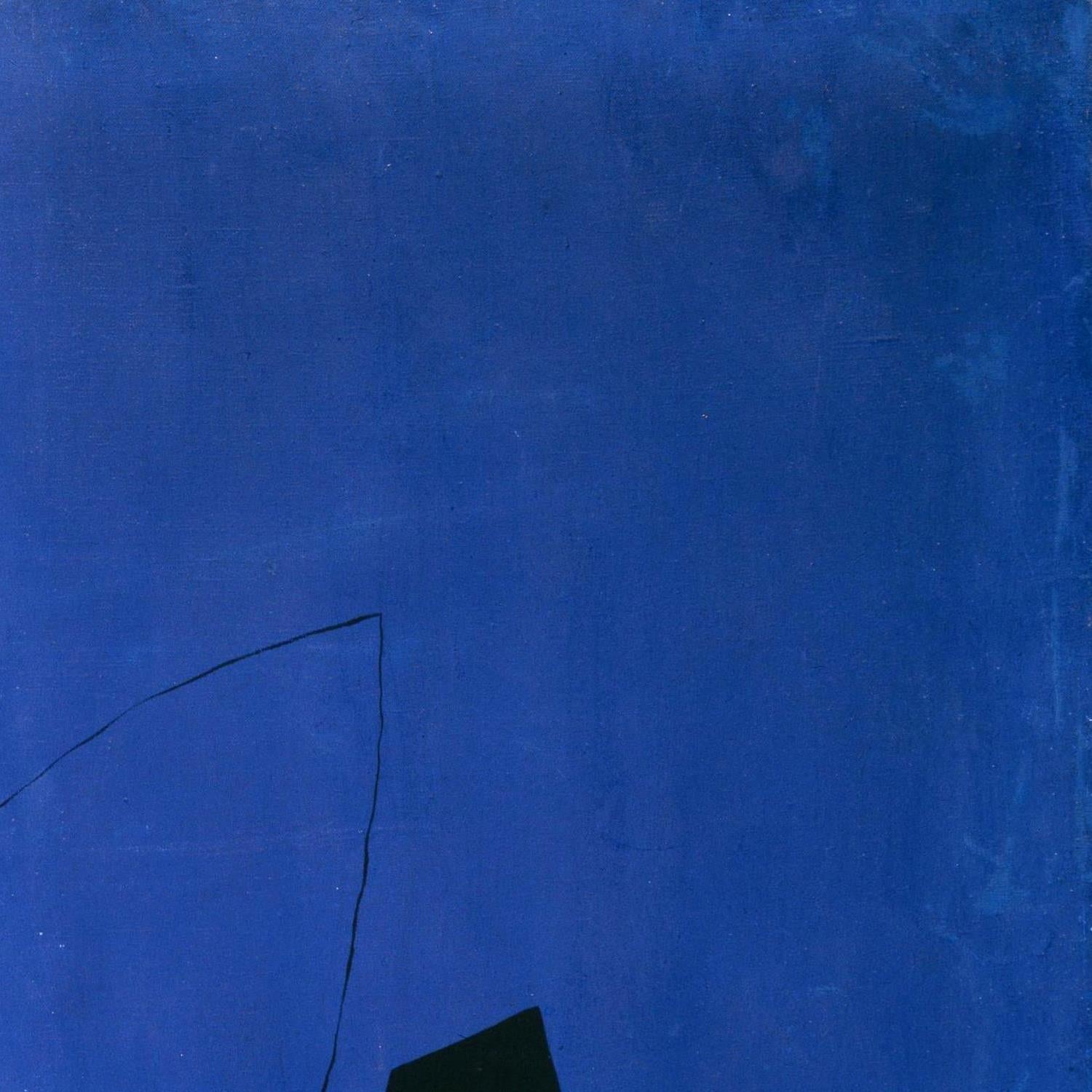 Abstract art with a black line and shape on a blue textured background