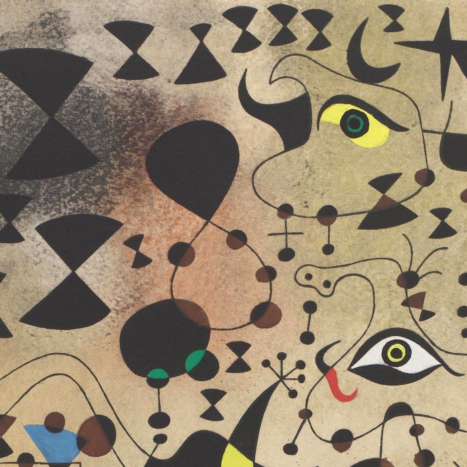 Abstract artwork with geometric shapes and patterns on a textured background