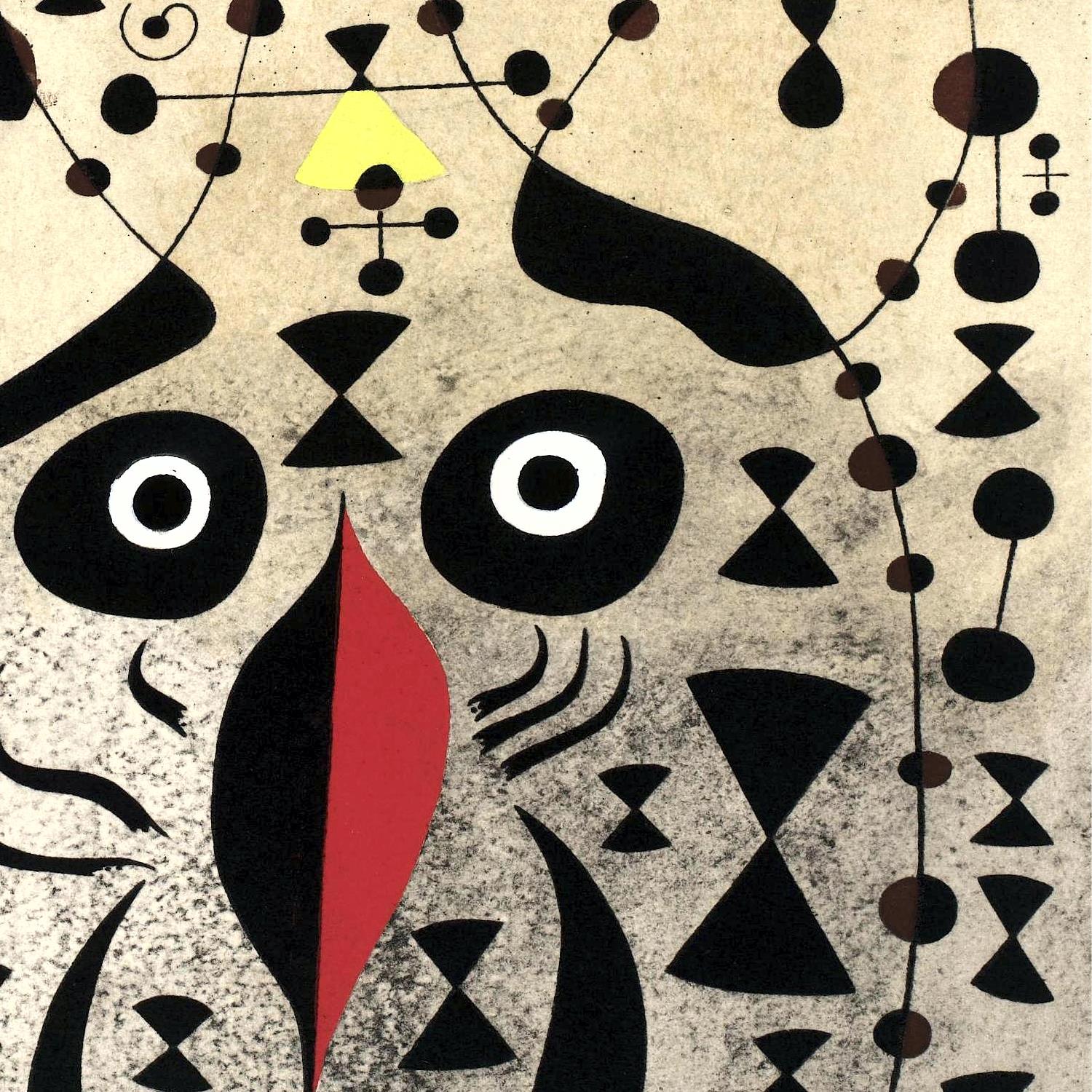 Abstract artwork with geometric shapes and bold colors on a textured background
