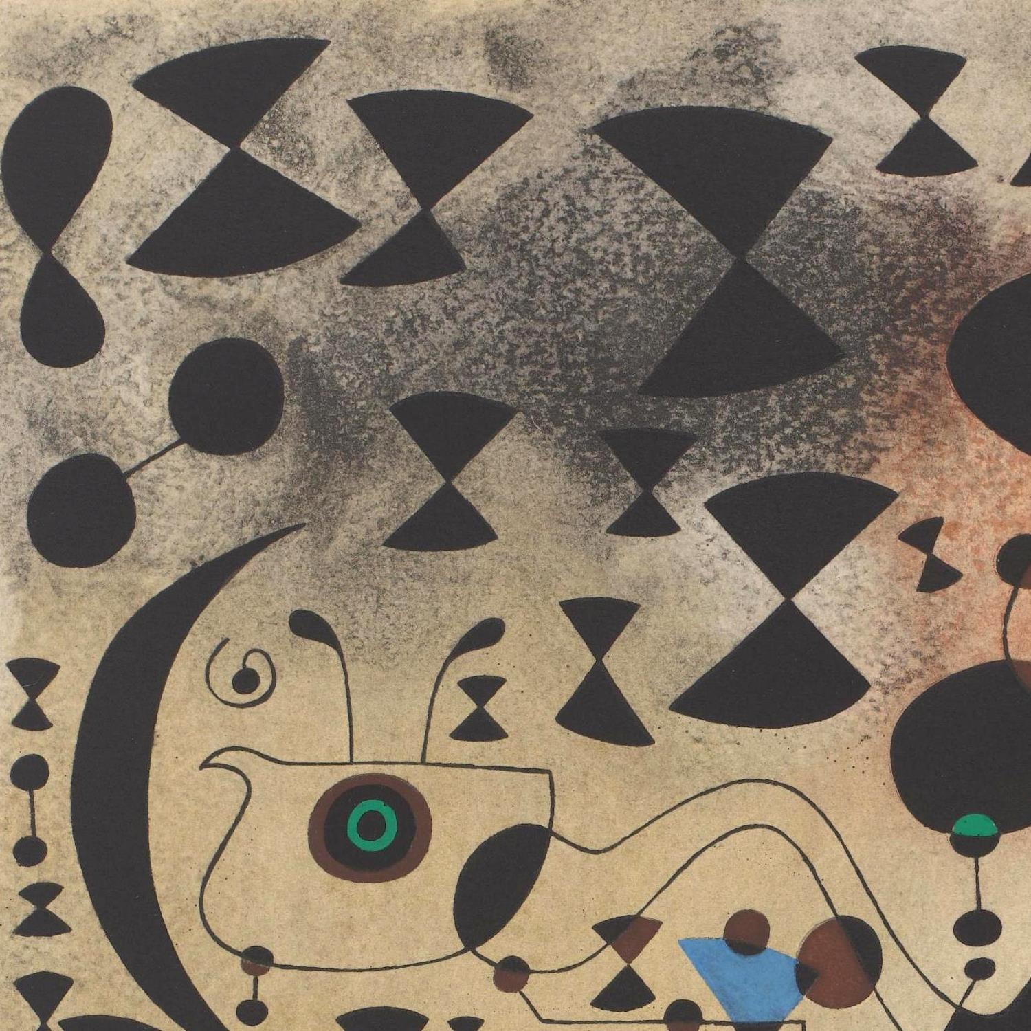 Abstract artwork with black and brown shapes on a textured background