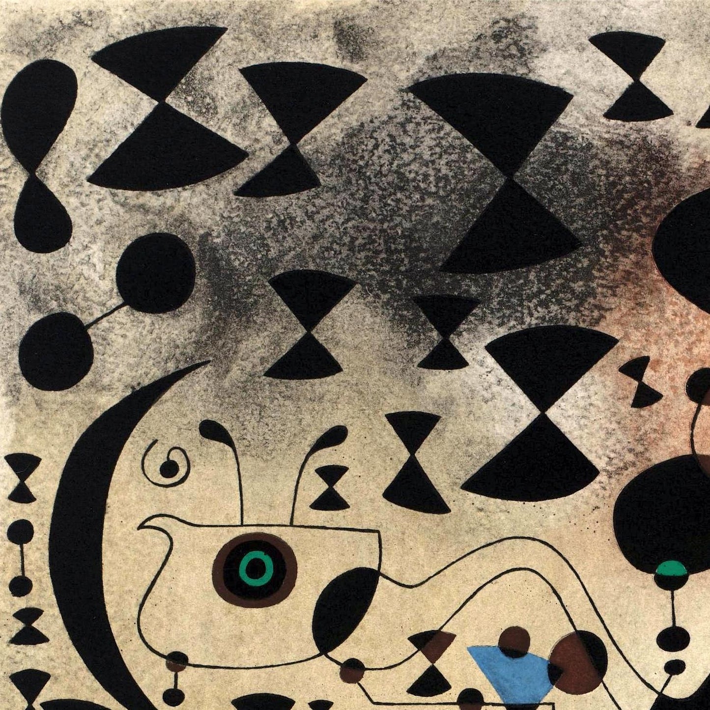 Abstract artwork with black geometric shapes on a textured beige background