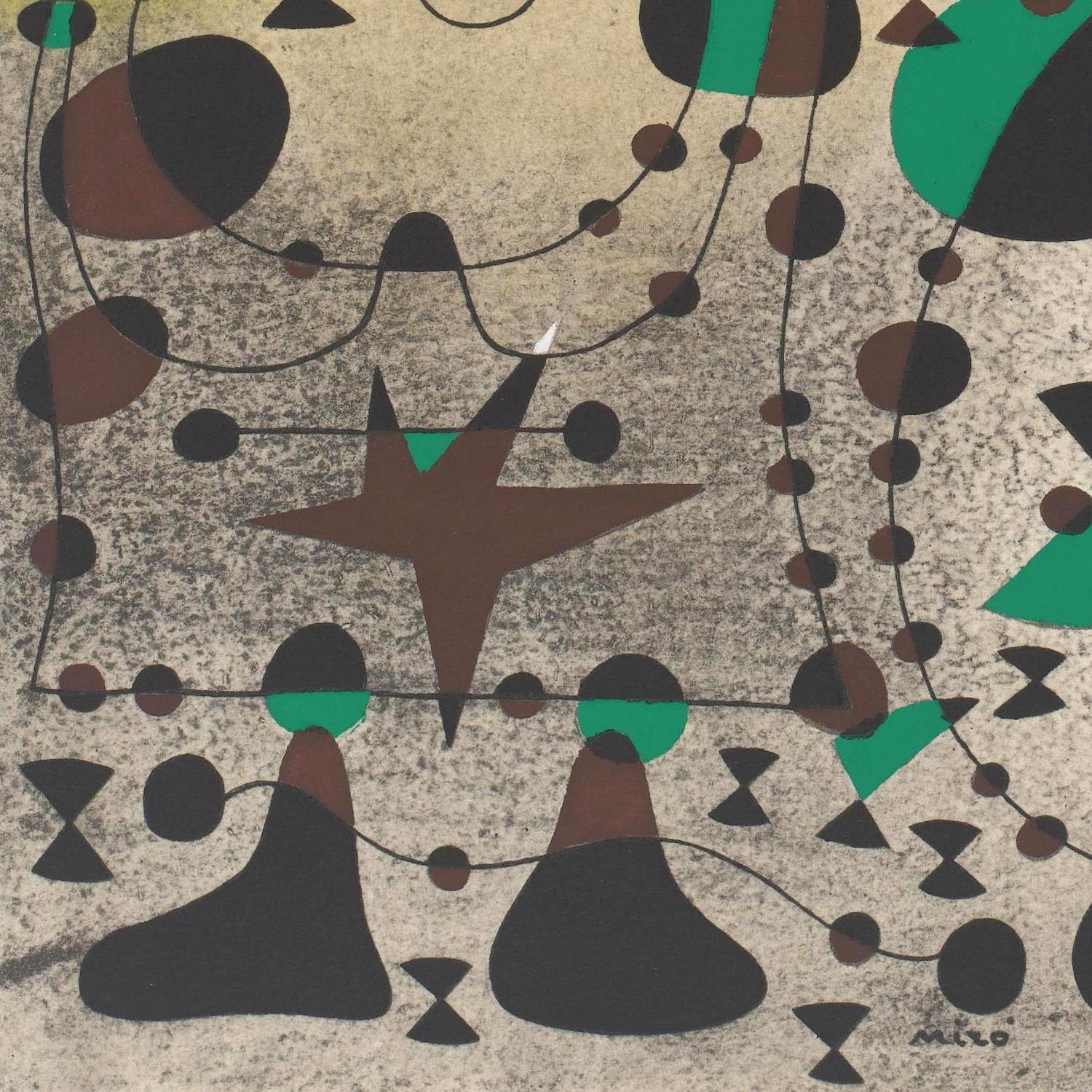 Abstract art with geometric shapes in brown, black, and green on a textured beige background