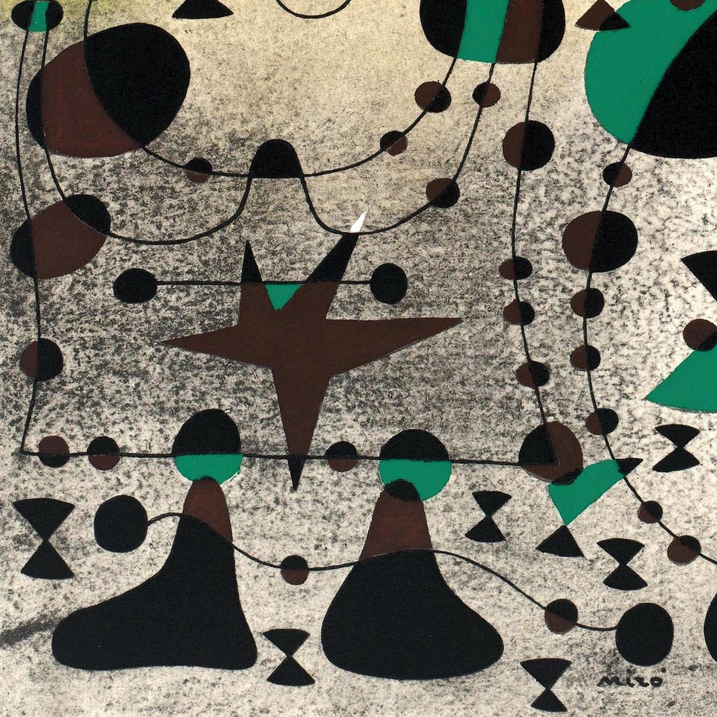 Abstract art piece with geometric shapes in brown, black, and green on a textured beige background.