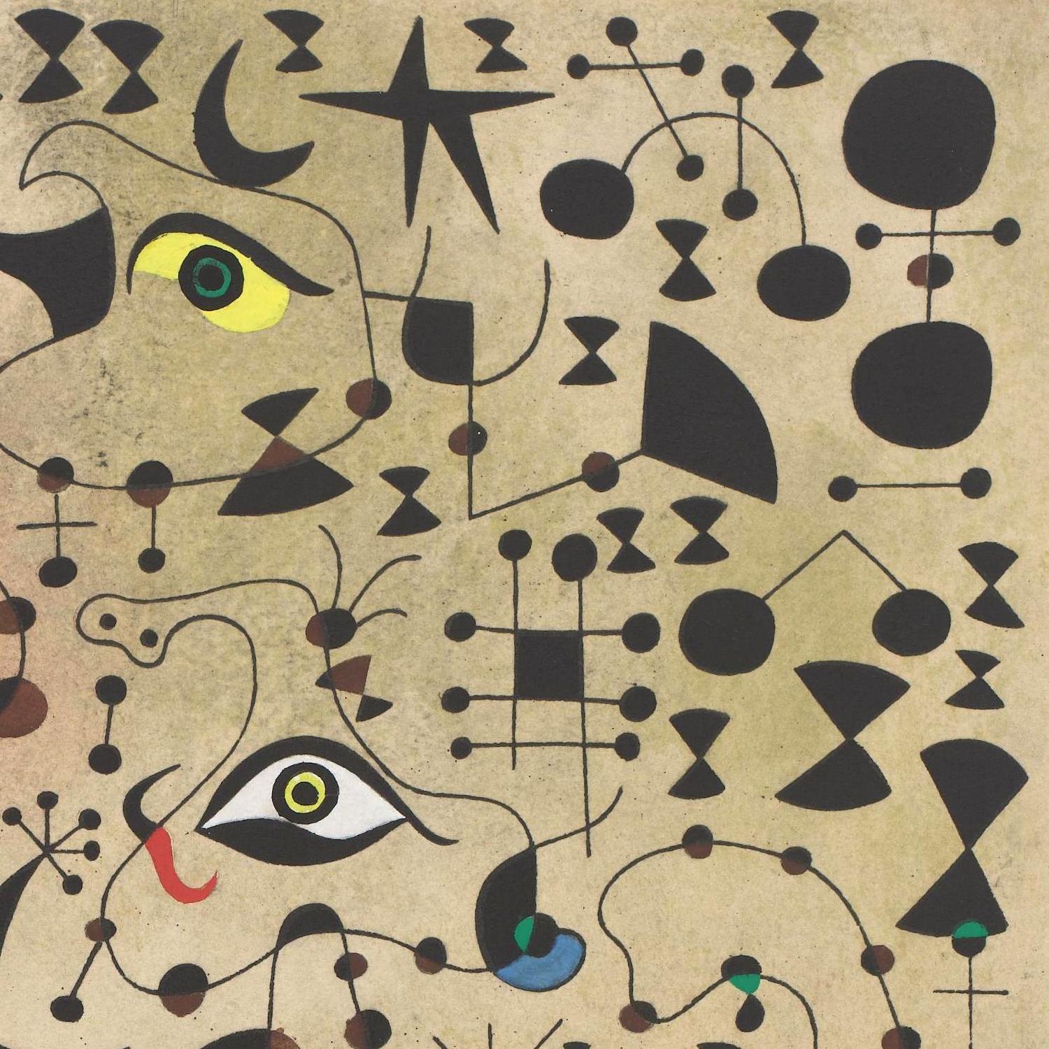 Abstract artwork with geometric shapes and bold lines on a beige background