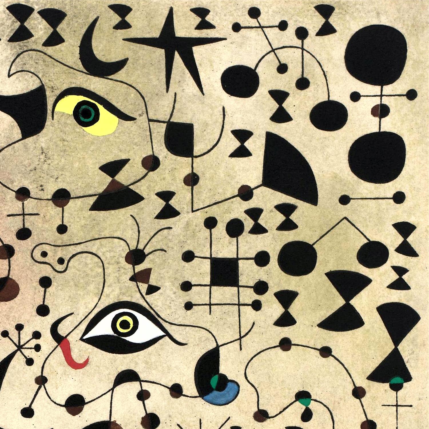 Abstract artwork with black and white shapes on a beige background