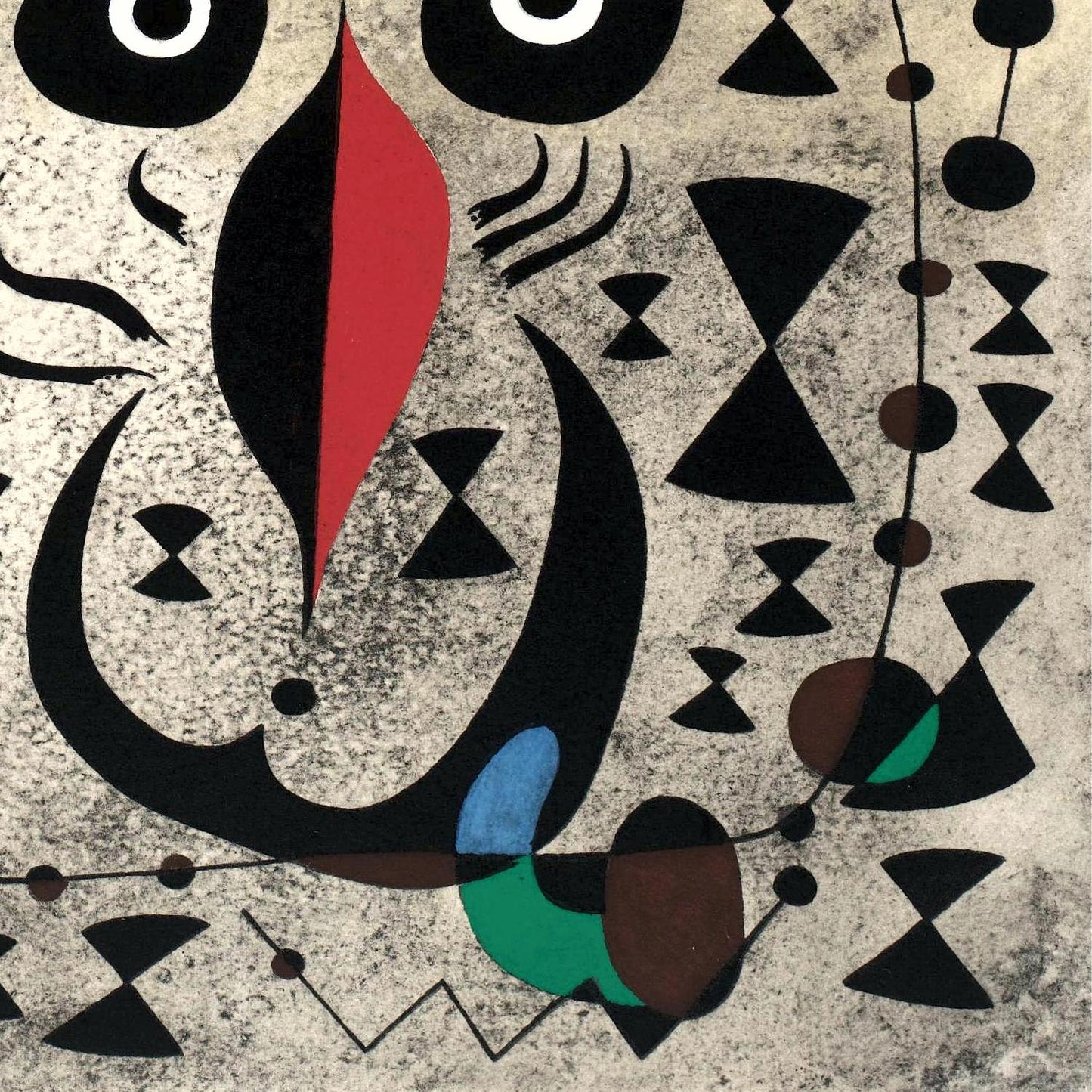 Abstract artwork with geometric shapes and a red triangle on a textured background