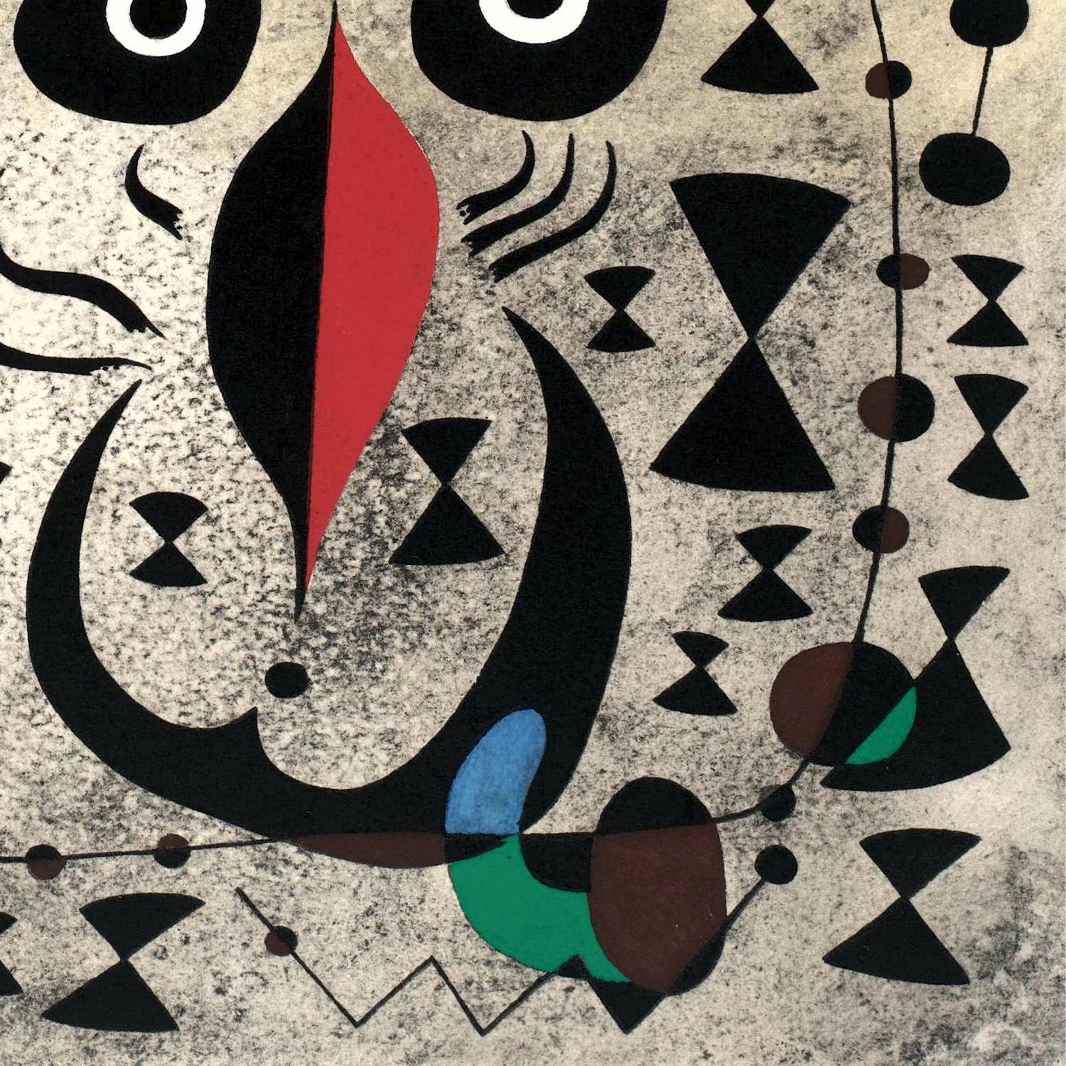 Abstract artwork with geometric shapes and a red triangle on a textured background