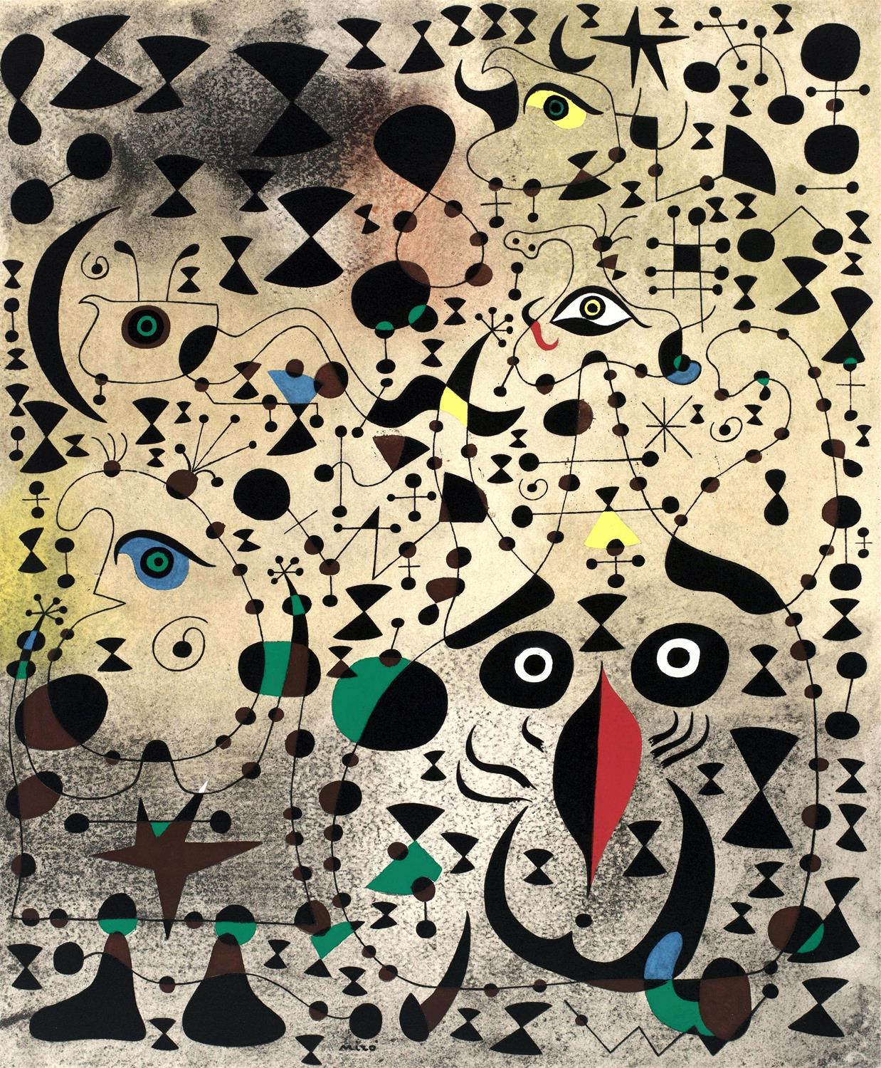 Abstract artwork with black, white, and multicolor shapes on a beige background