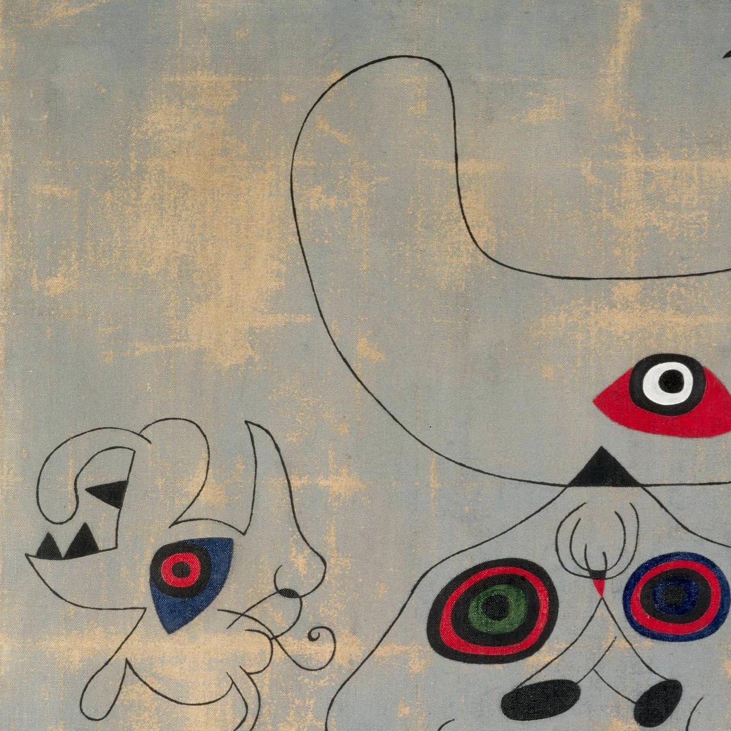 Abstract artwork with stylized faces and colorful eyes on a textured background