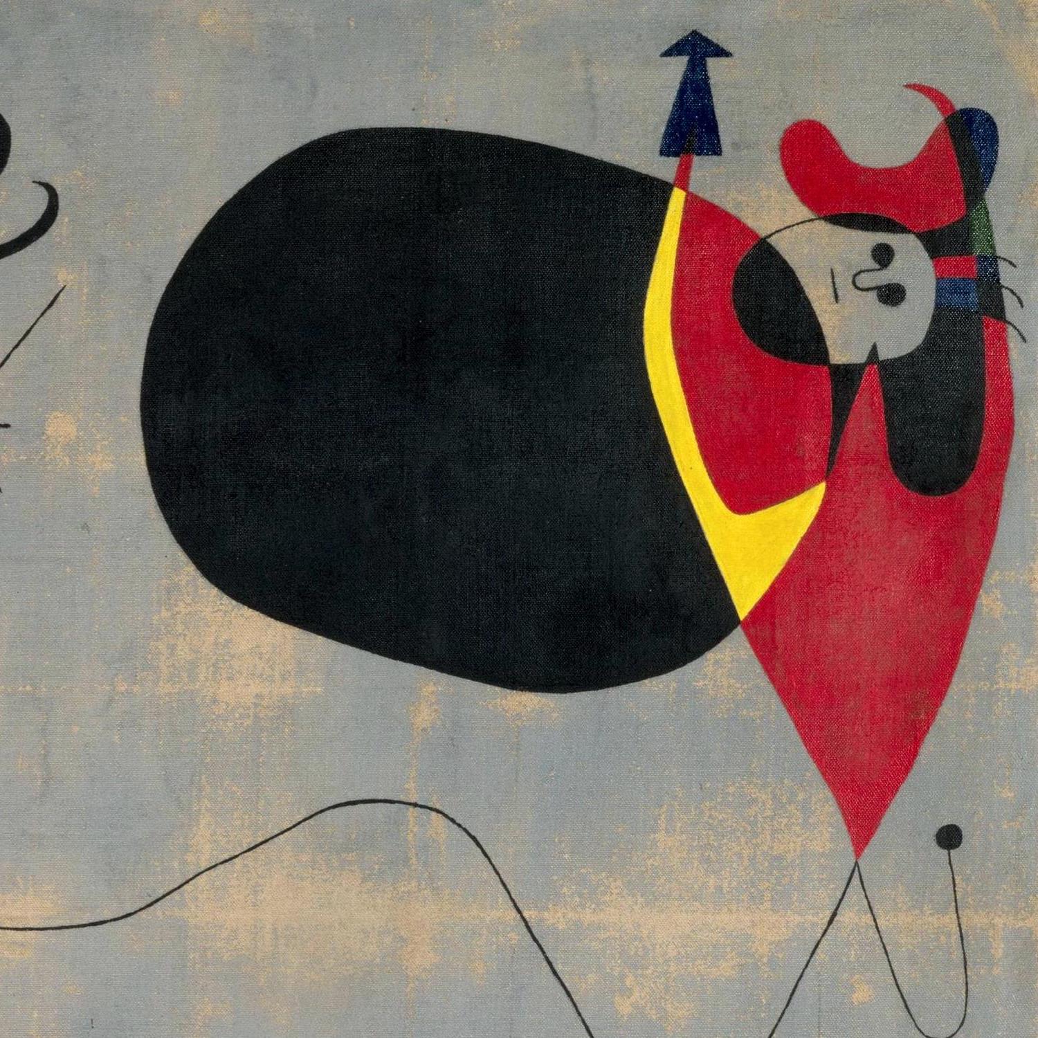 Abstract artwork with a black and red figure on a textured gray background