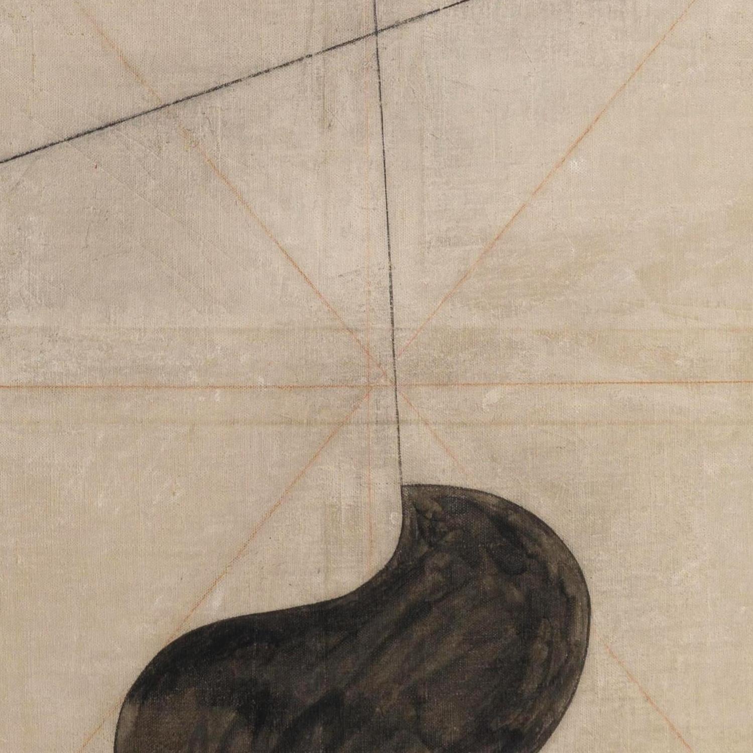 Abstract art with a black shape on a beige background