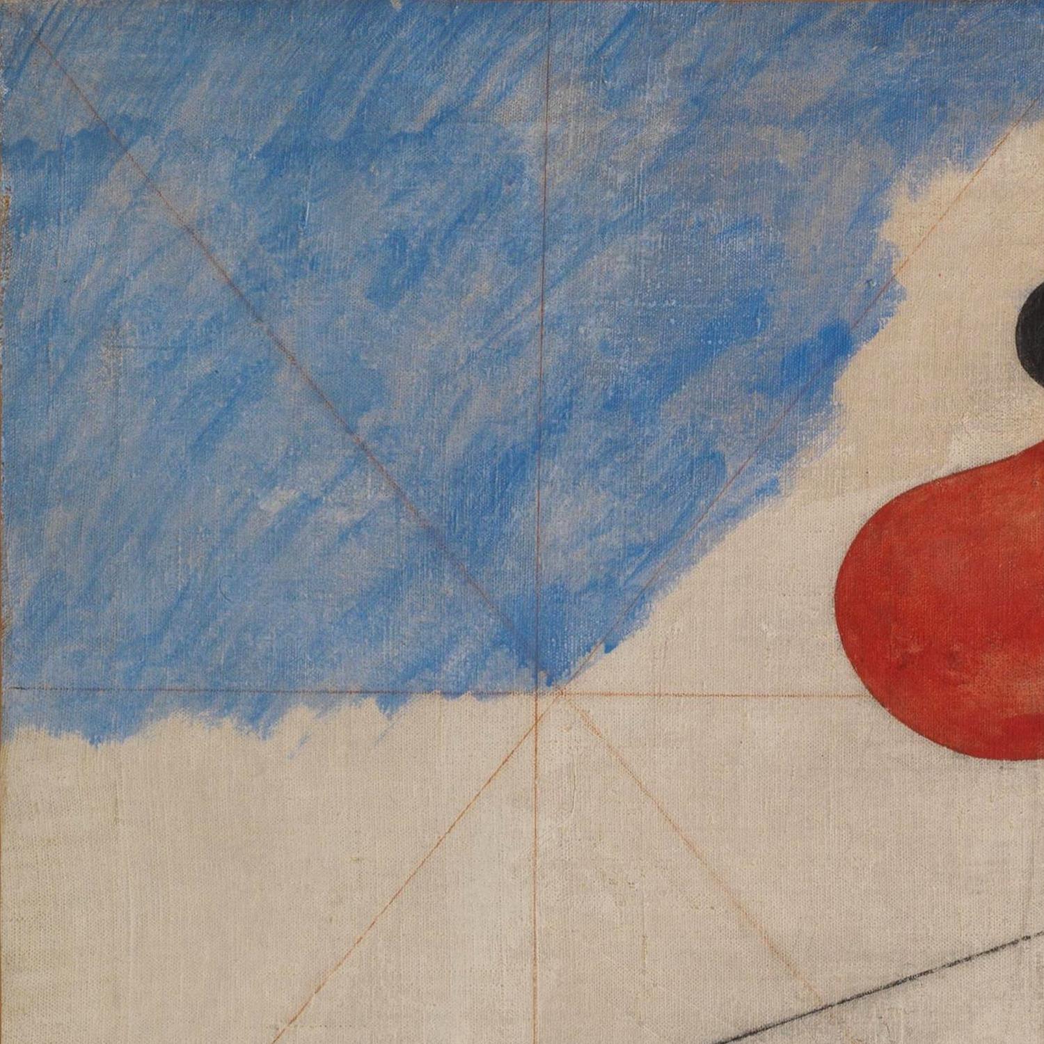 Close-up of a cartoon character's face with blue and red features on a textured background