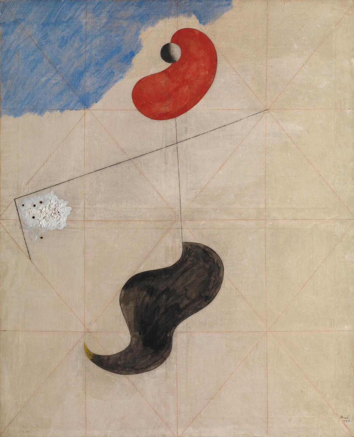 Abstract artwork with red, black, and blue shapes on a beige background