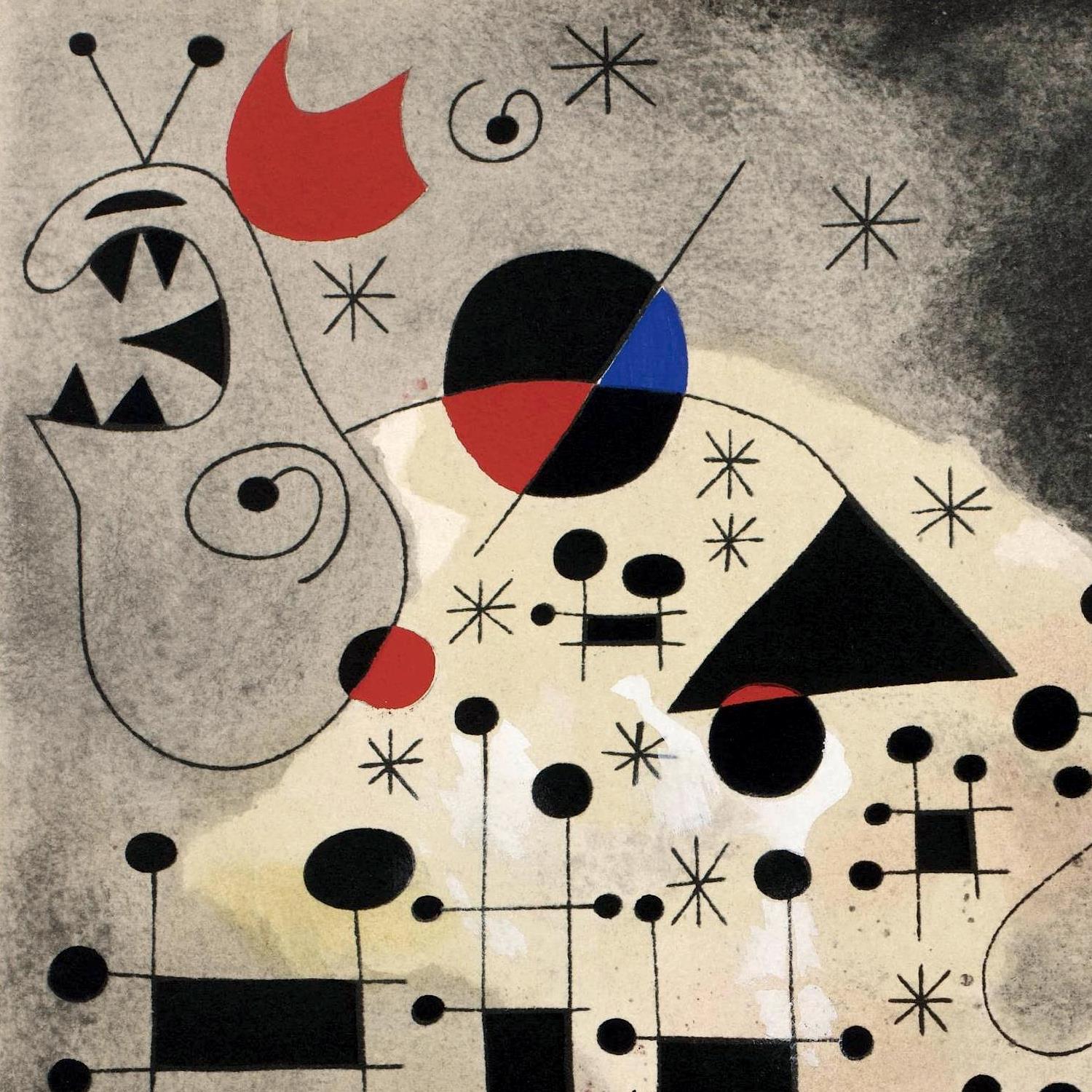 Abstract artwork with geometric shapes and colors on a textured background