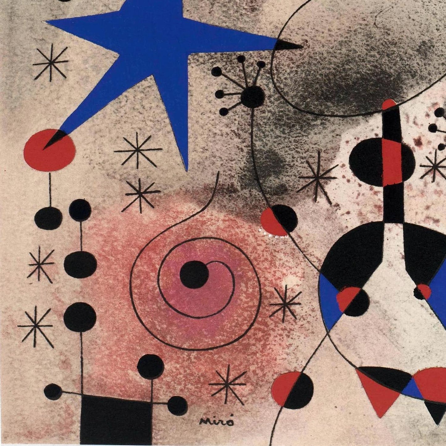 Abstract artwork with geometric shapes and a blue star on a textured background