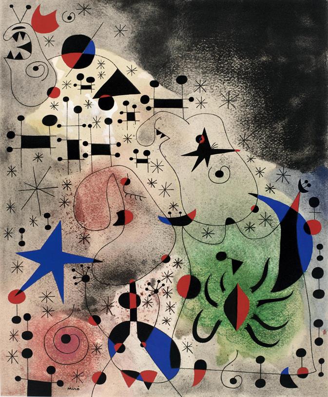 Abstract artwork with geometric shapes and colors on a dark background