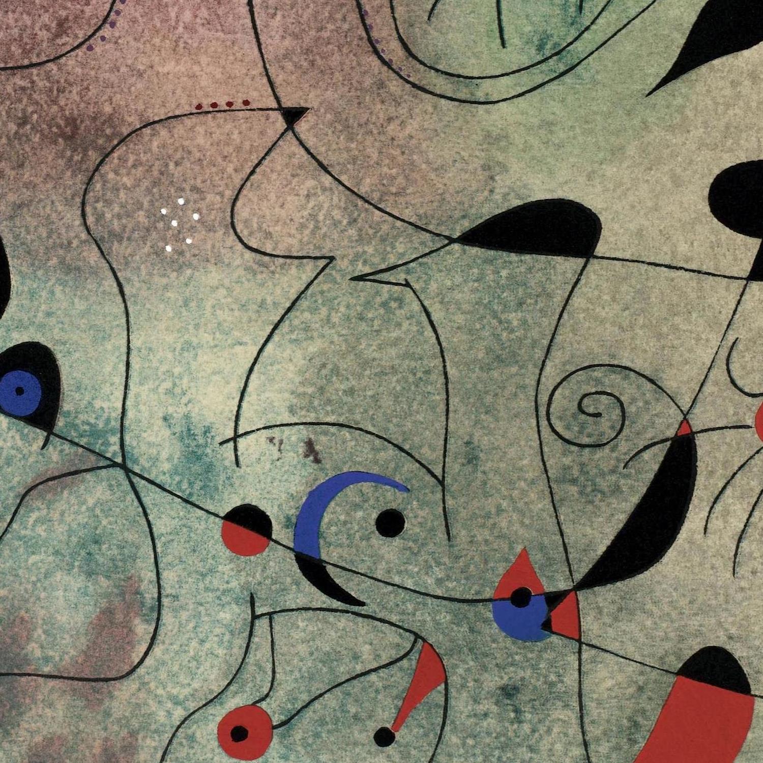 Abstract art with wavy lines, circles, and geometric shapes on a textured background