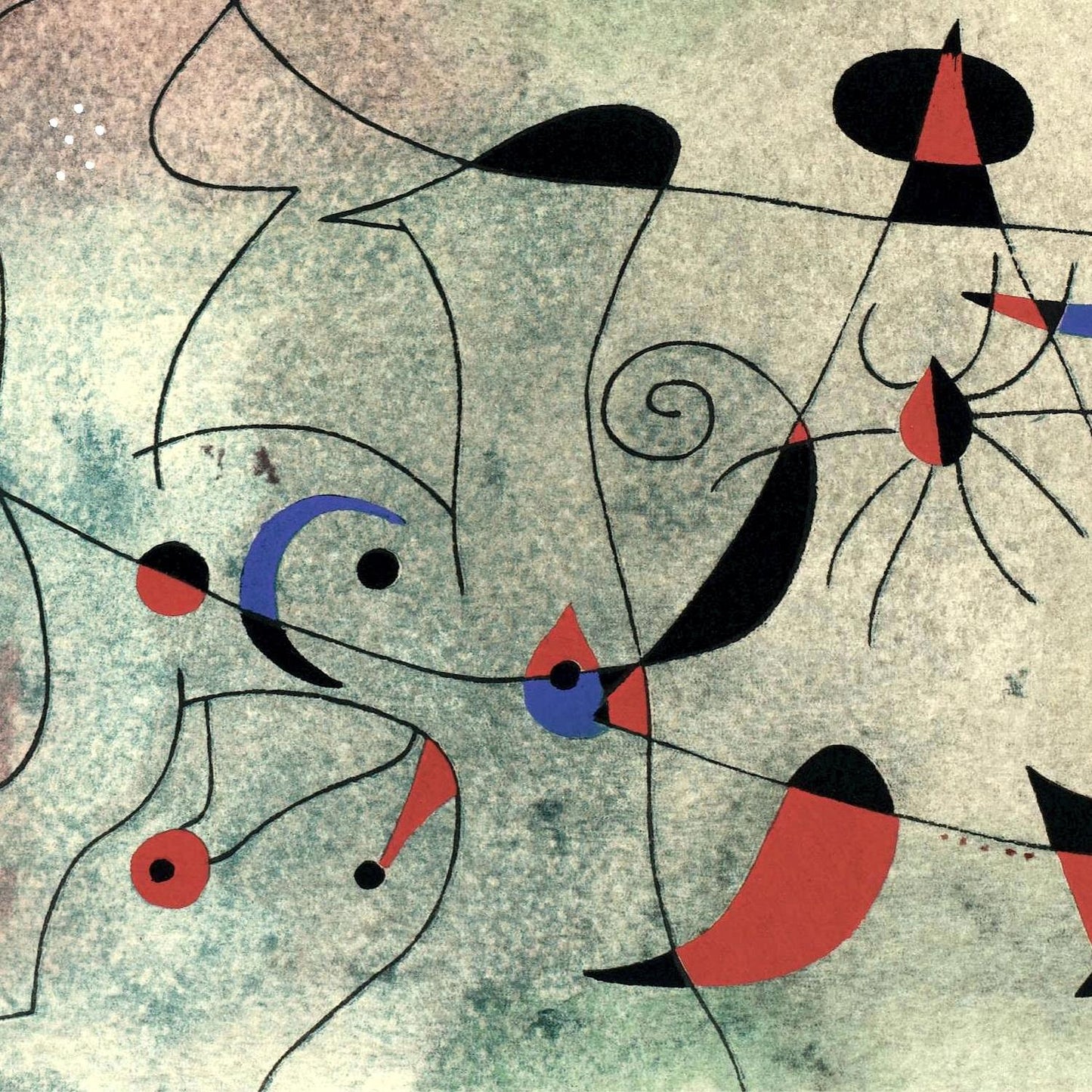 Abstract artwork with black, red, and blue shapes on a textured gray background