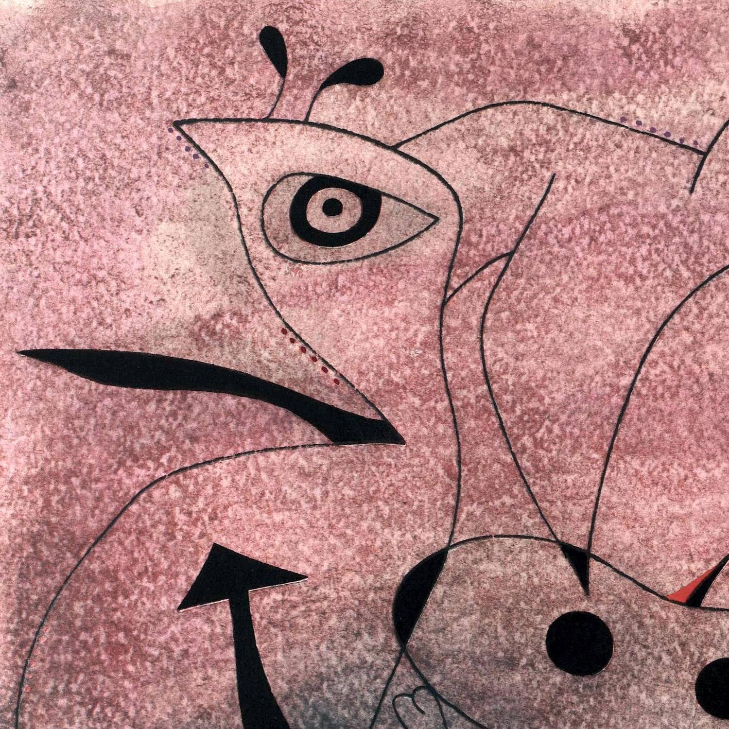 Abstract artwork with black lines and shapes on a pink textured background
