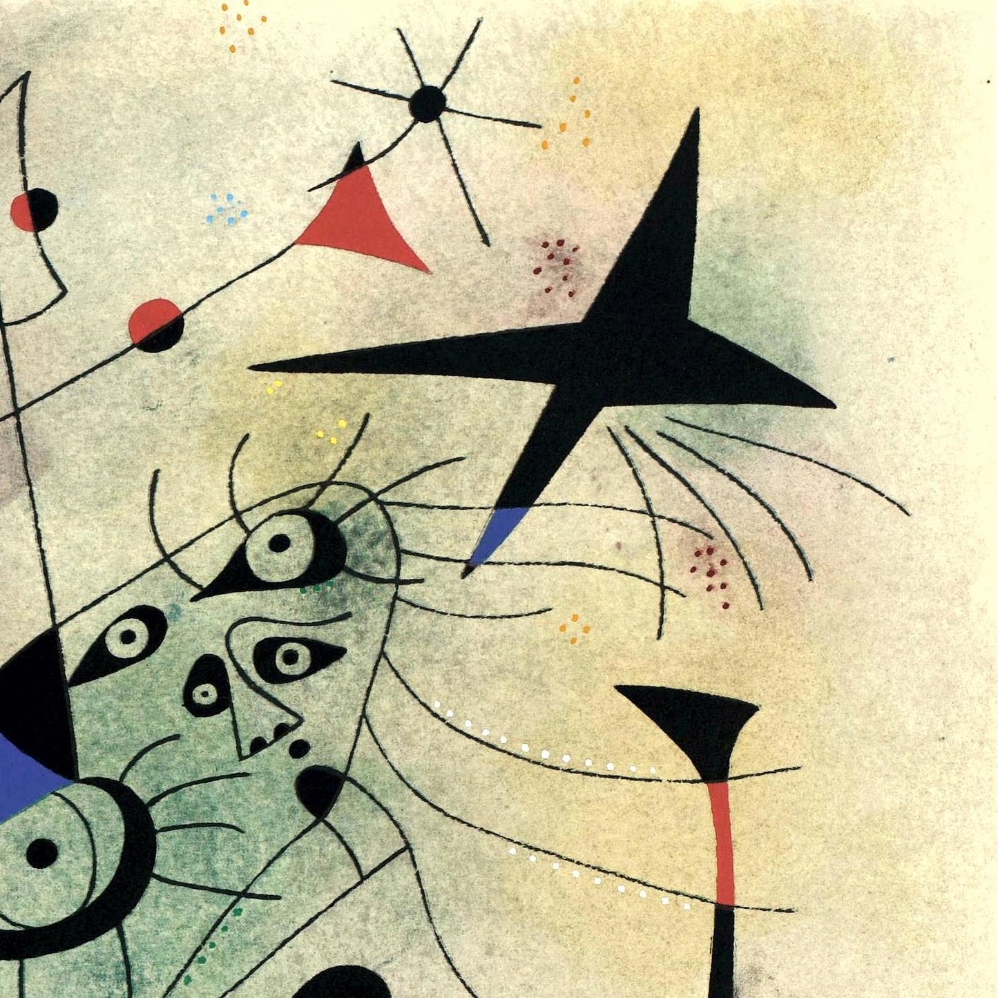 Abstract artwork with geometric shapes and a face-like figure on a textured background
